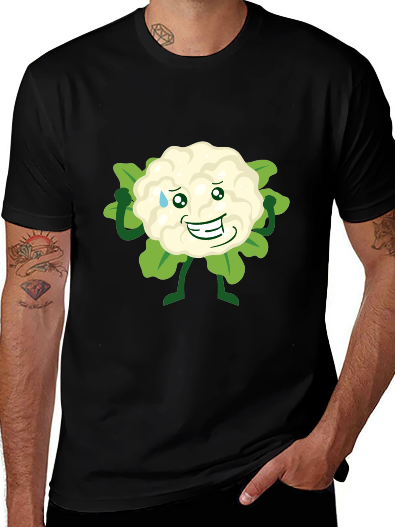 Funny Cauliflower Cartoon Black T-Shirt