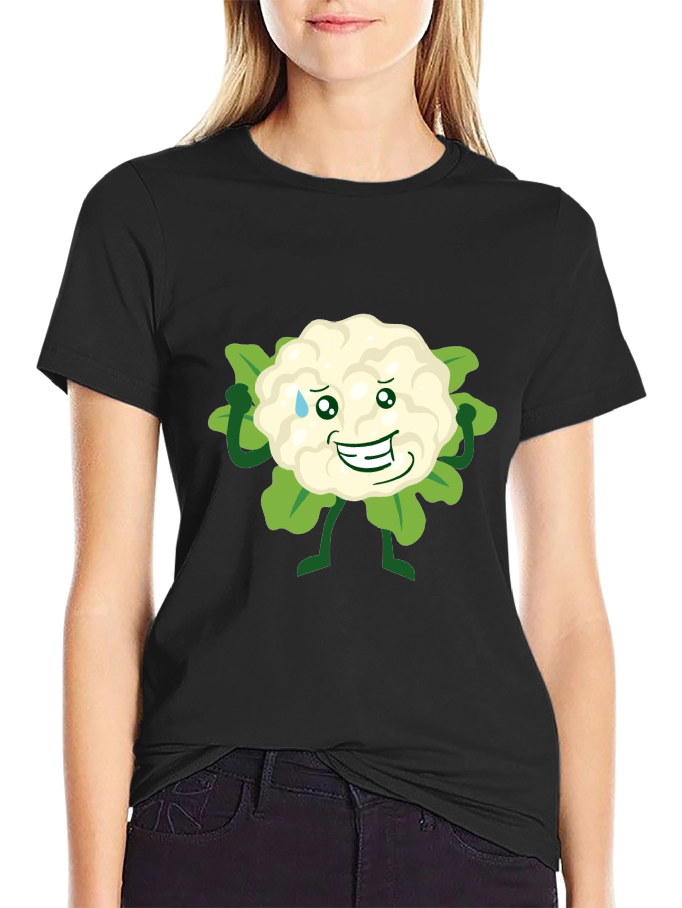 Funny Cauliflower Cartoon Black T-Shirt