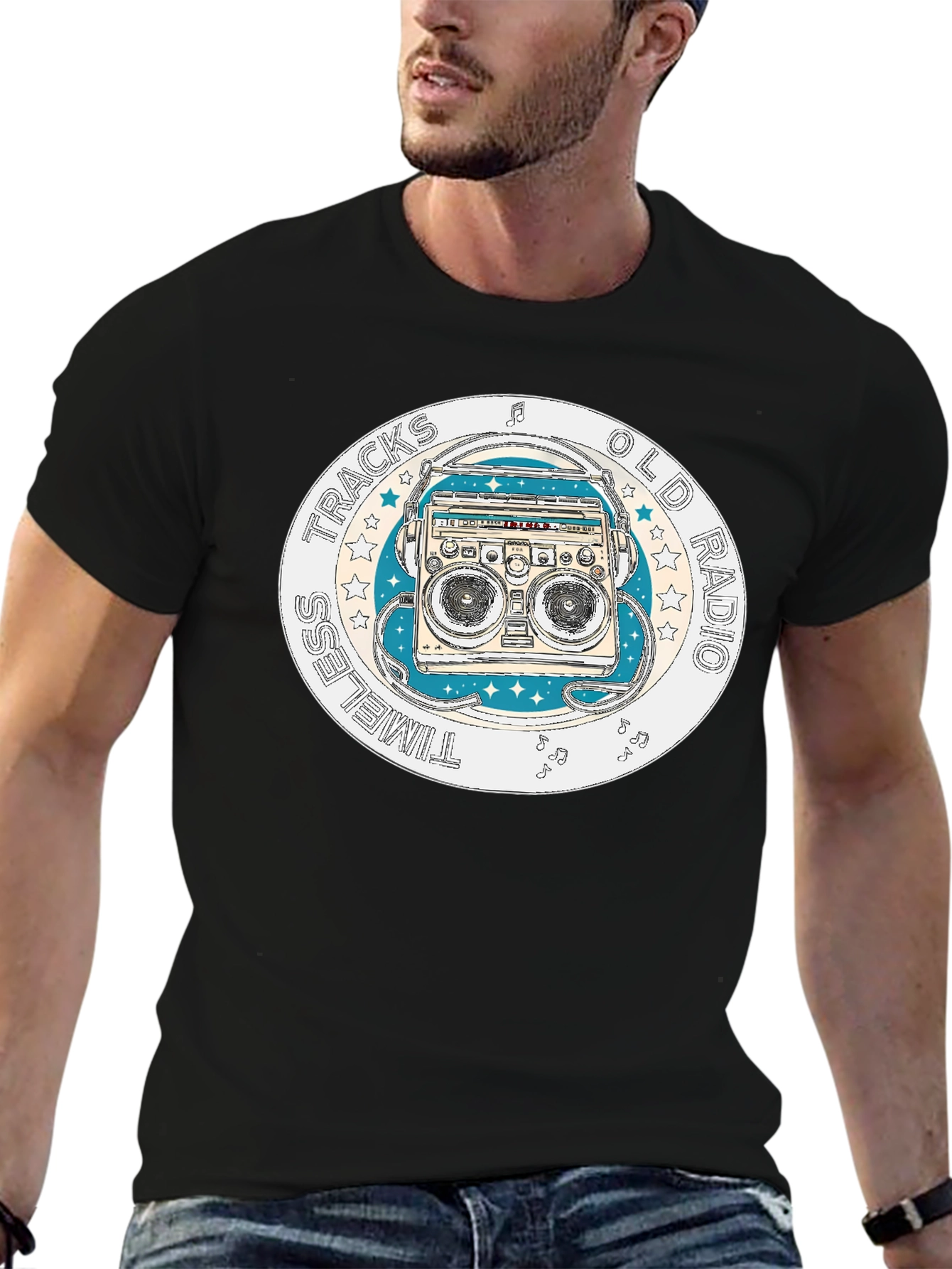 Timeless Tracks Old Radio Black Graphic T-Shirt
