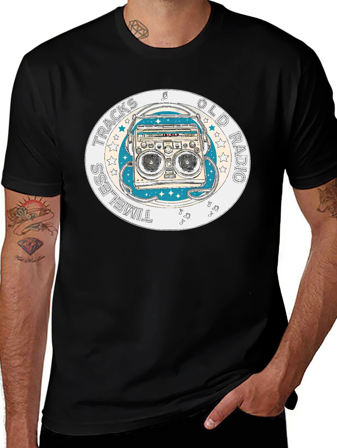 Timeless Tracks Old Radio Black Graphic T-Shirt