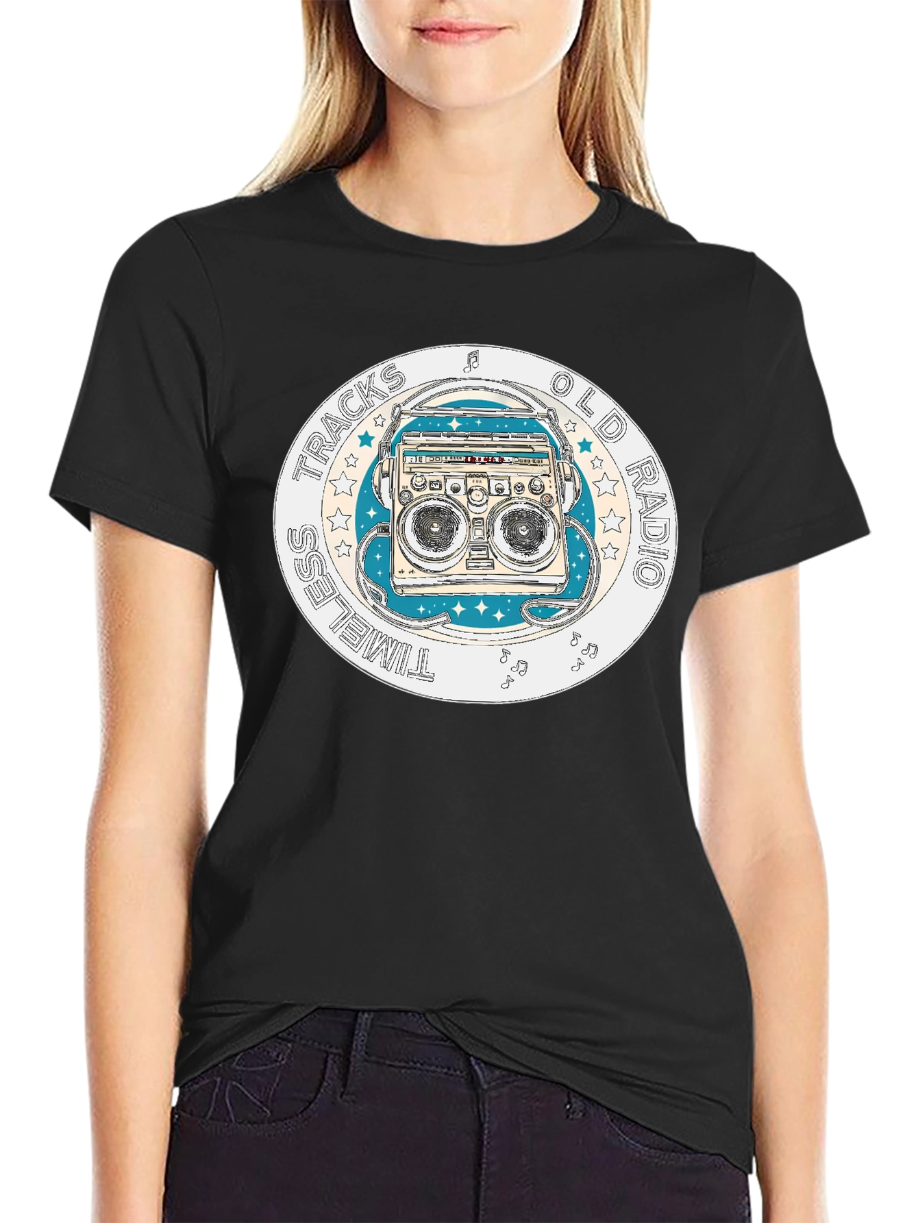 Timeless Tracks Old Radio Black Graphic T-Shirt