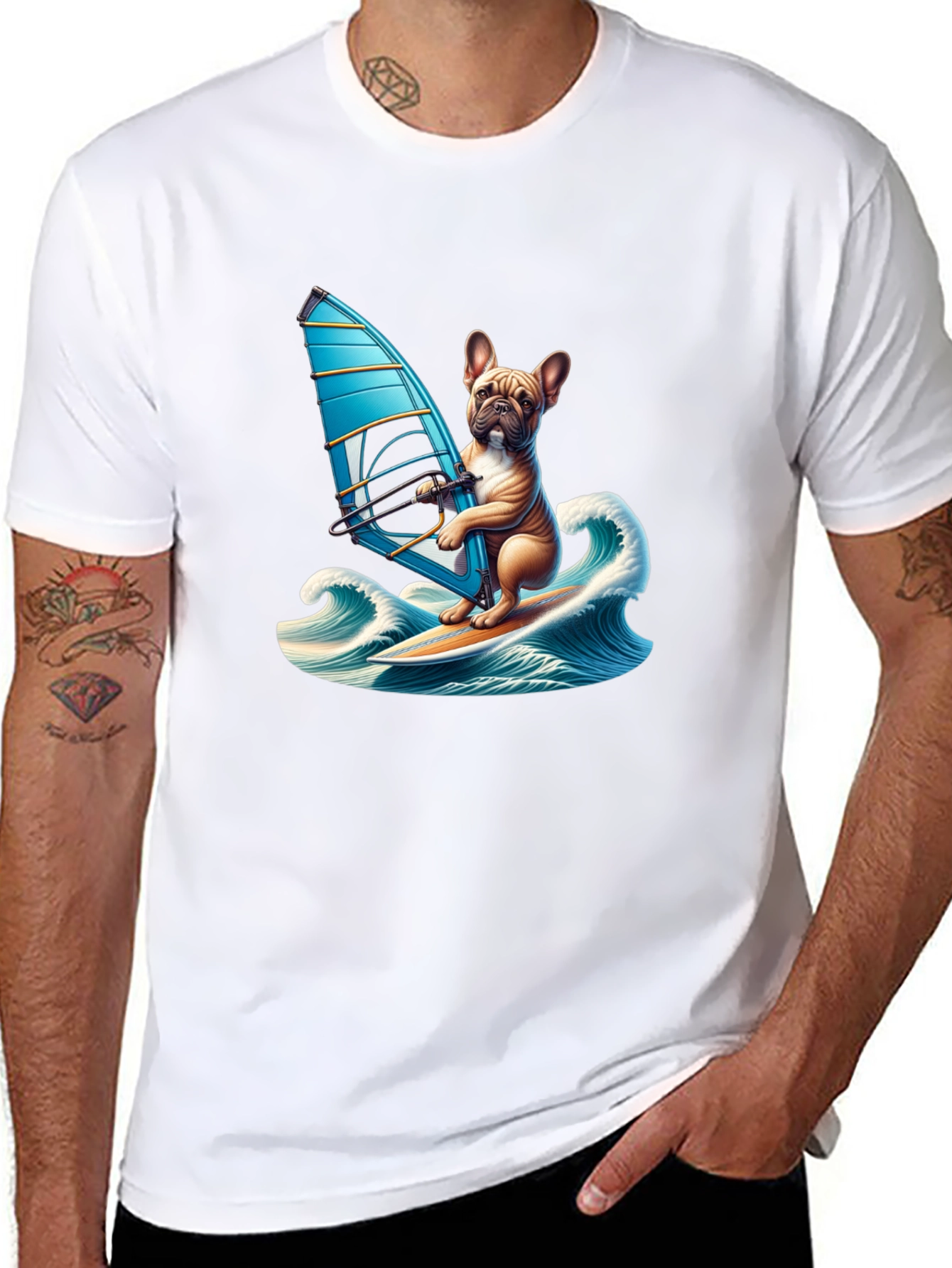 Dog Windsurfing T-Shirt - Cute Bulldog Tee