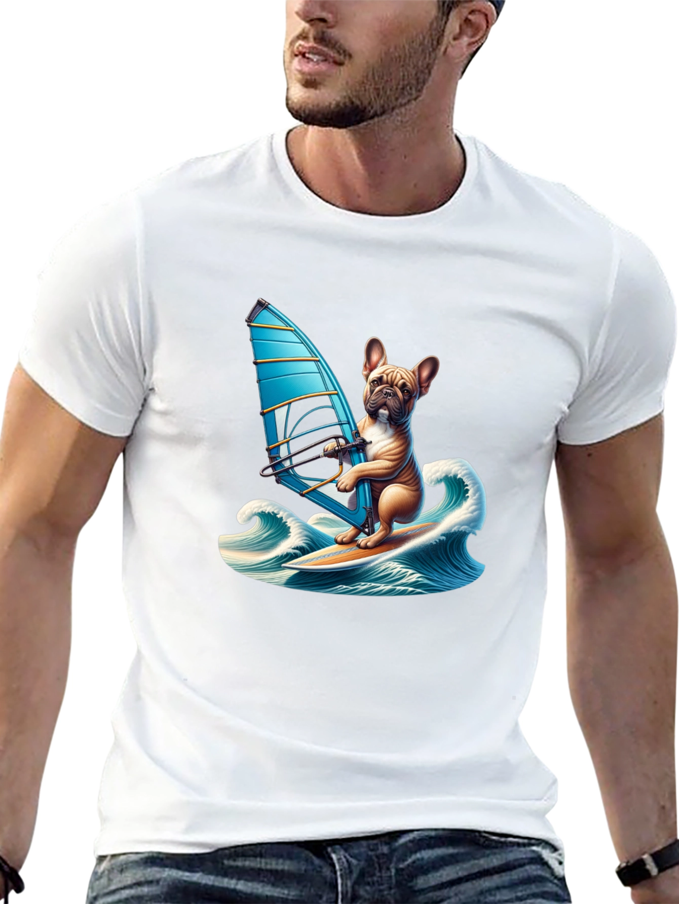 Dog Windsurfing T-Shirt - Cute Bulldog Tee