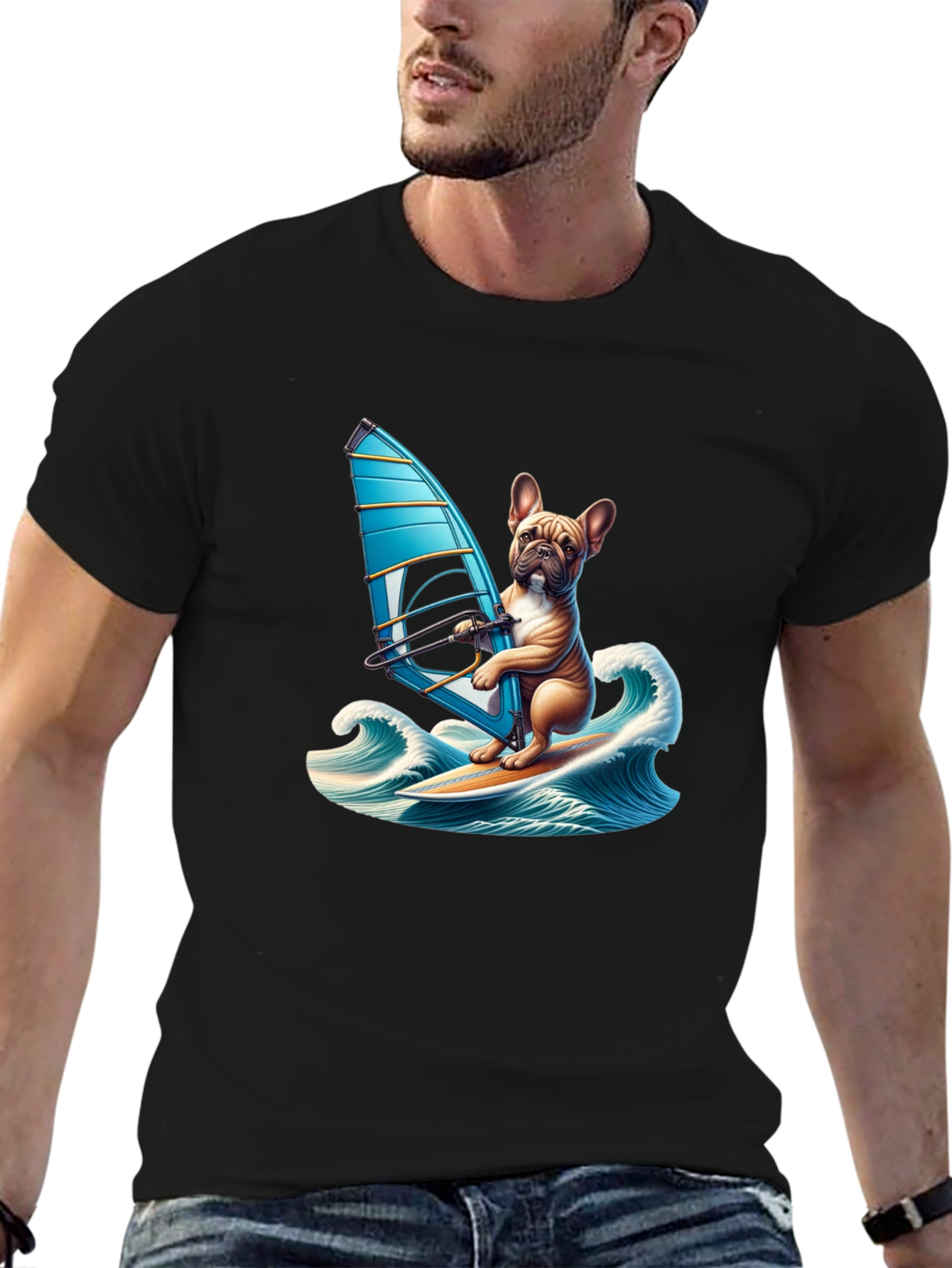 Dog Windsurfing T-Shirt - Cute Bulldog Tee