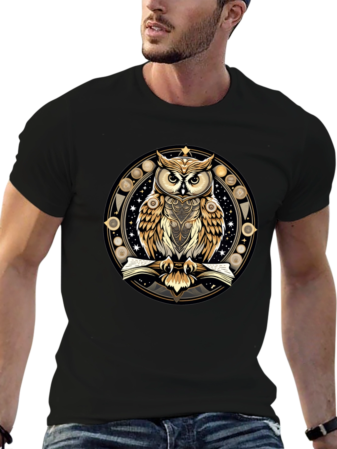 Mystic Owl Graphic Tee - Stylish Unisex Black T-Shirt