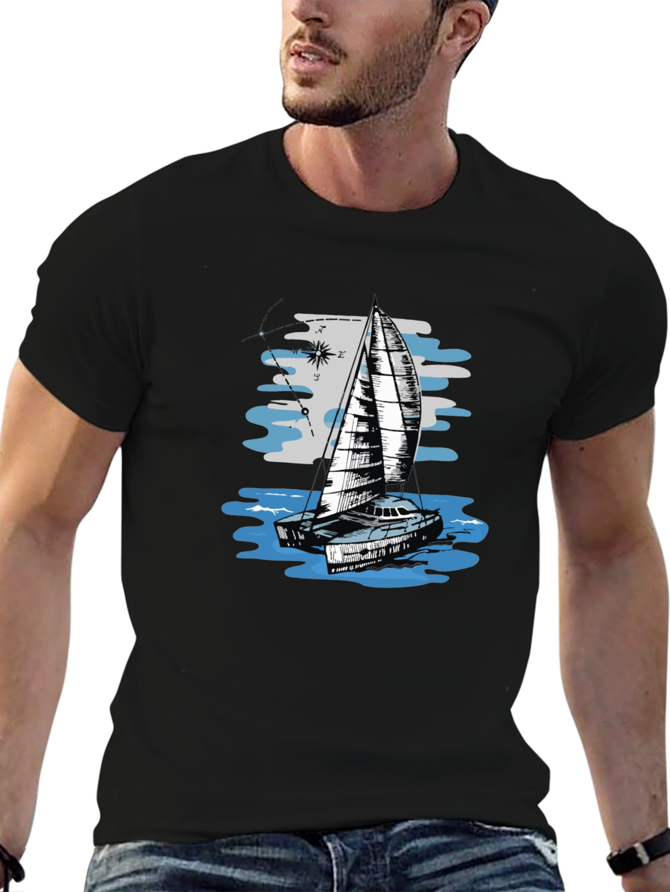 Sailing Boat Graphic Tee - Black Cotton T-Shirt