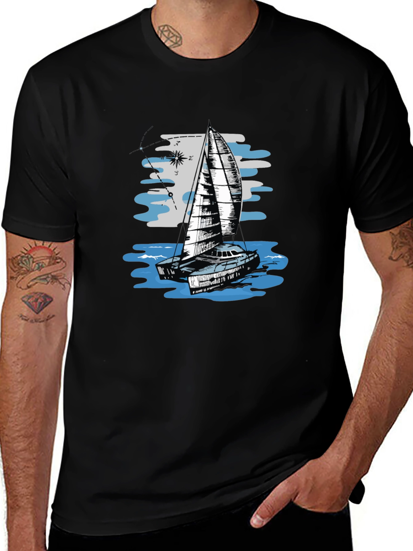 Sailing Boat Graphic Tee - Black Cotton T-Shirt