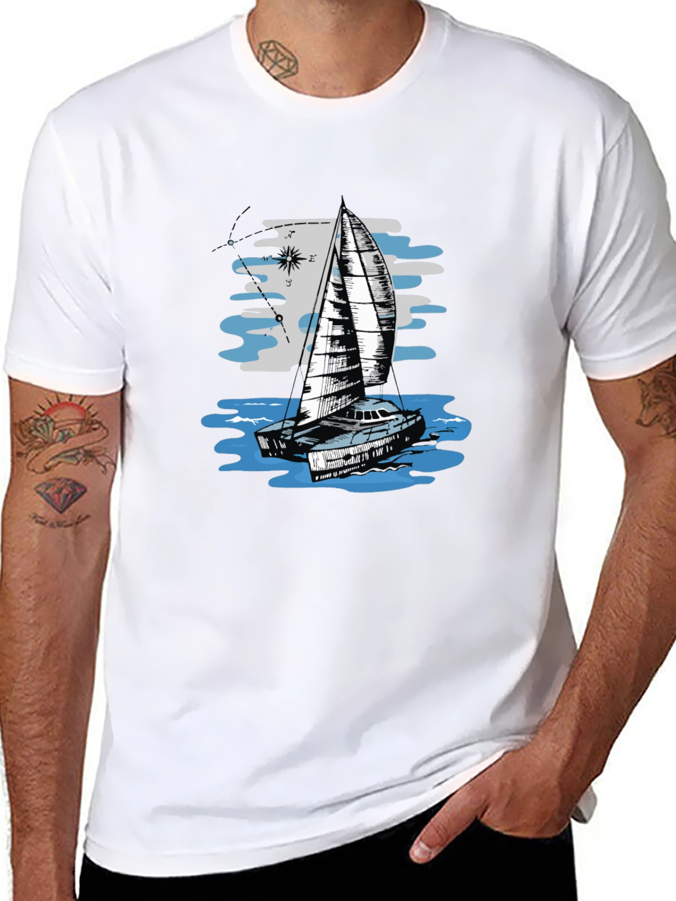 Sailing Boat Graphic Tee - Black Cotton T-Shirt