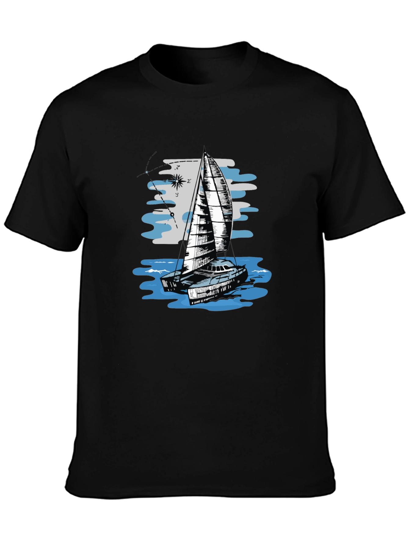 Sailing Boat Graphic Tee - Black Cotton T-Shirt