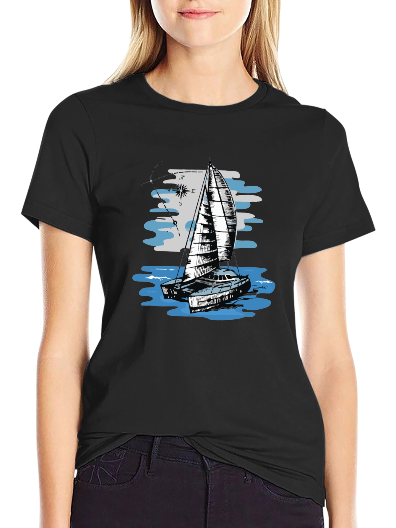 Sailing Boat Graphic Tee - Black Cotton T-Shirt