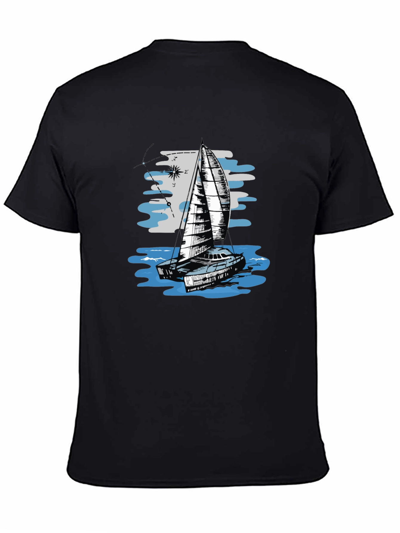 Sailing Boat Graphic Tee - Black Cotton T-Shirt
