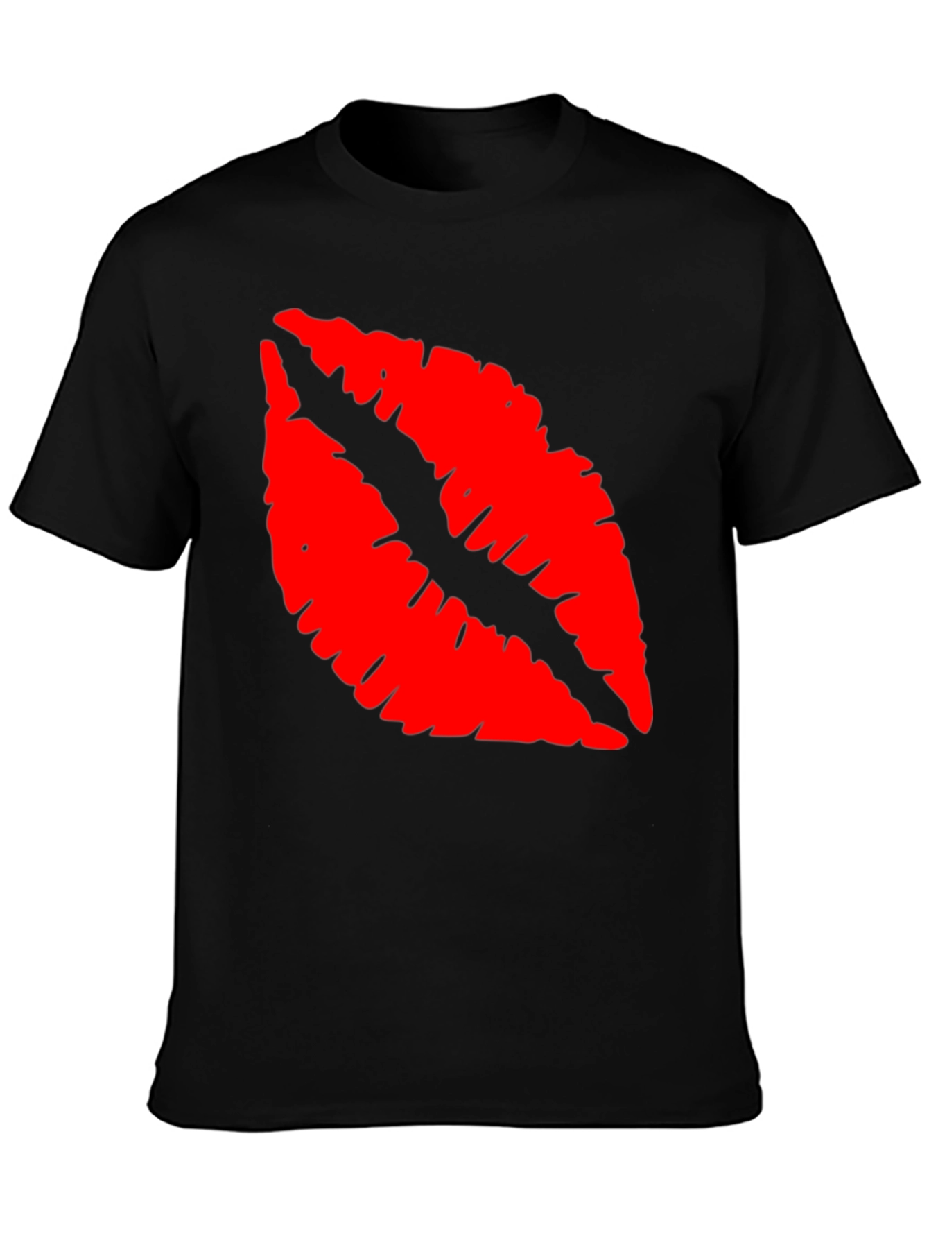 Red Lips Print Black T-Shirt