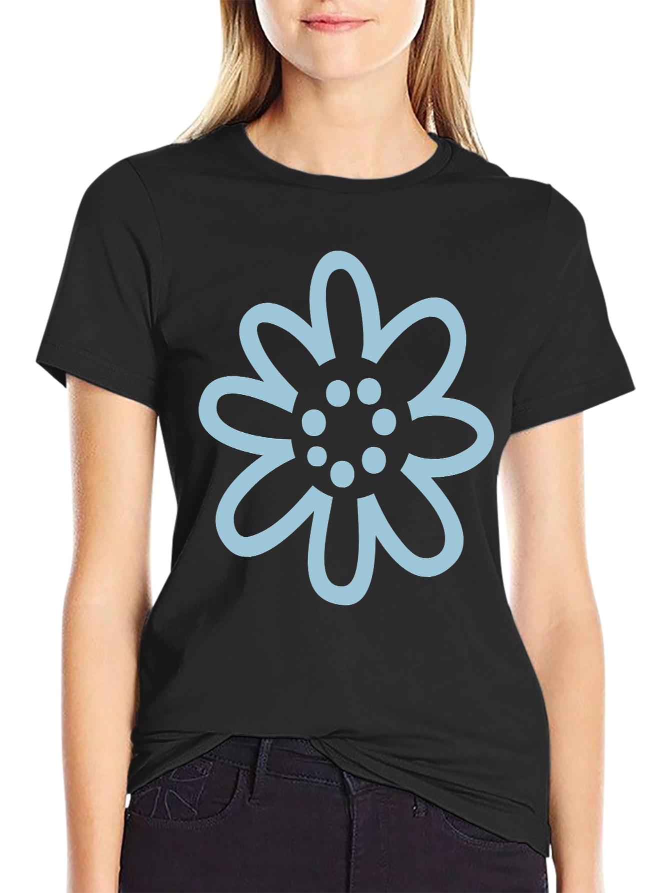 Black T-Shirt with Light Blue Flower Graphic