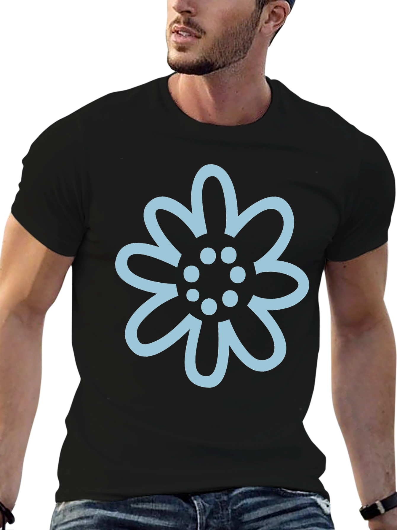 Black T-Shirt with Light Blue Flower Graphic