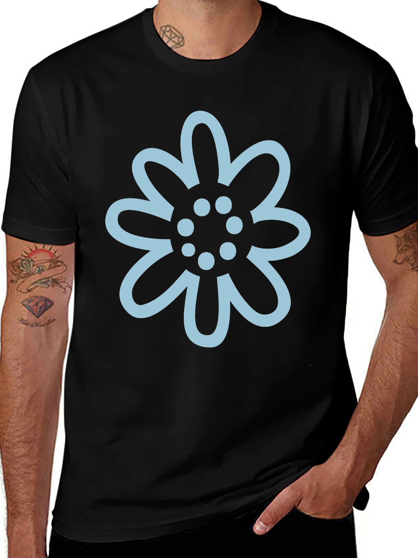 Black T-Shirt with Light Blue Flower Graphic