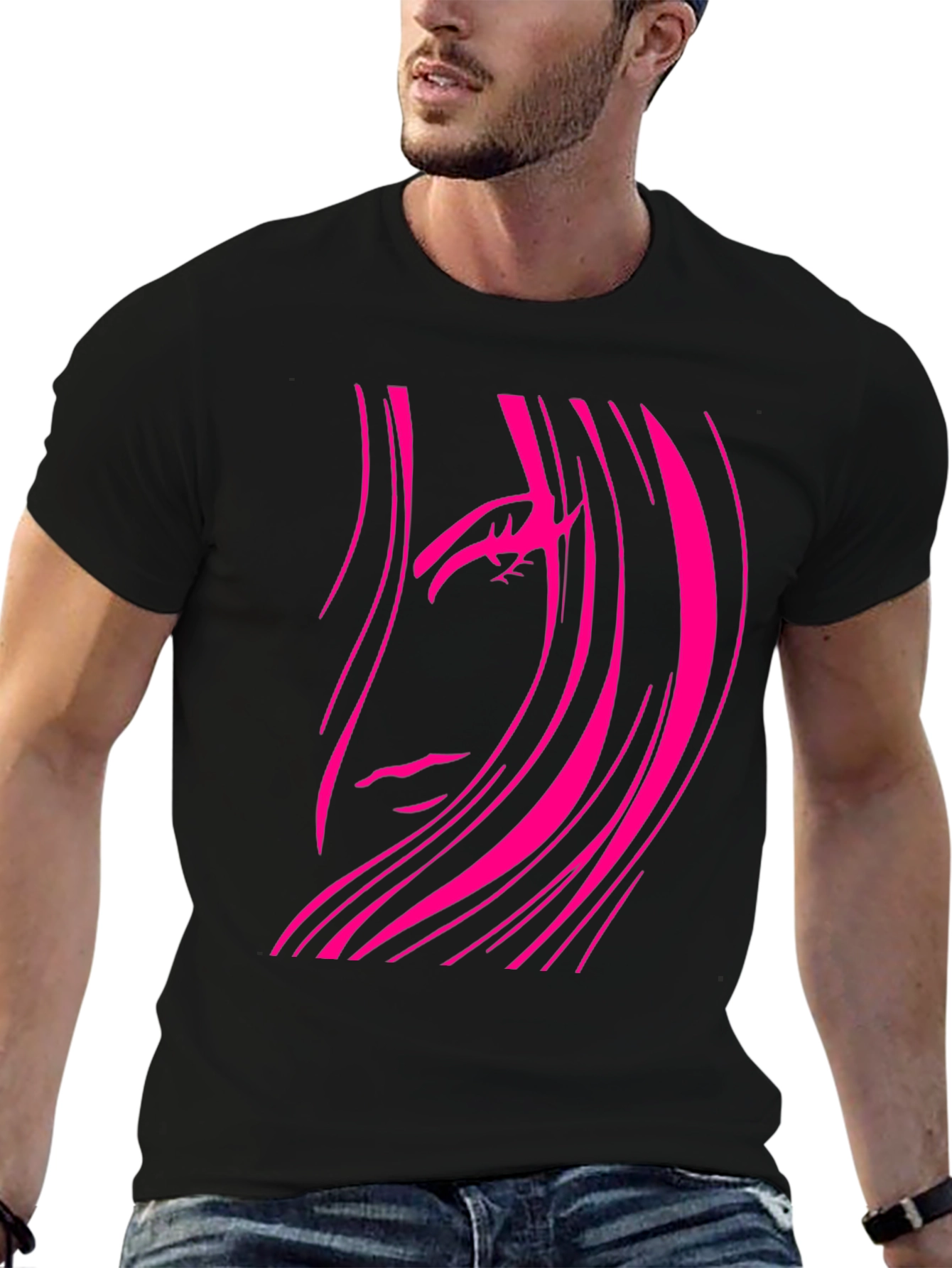 Black T-Shirt with Abstract Pink Haired Face