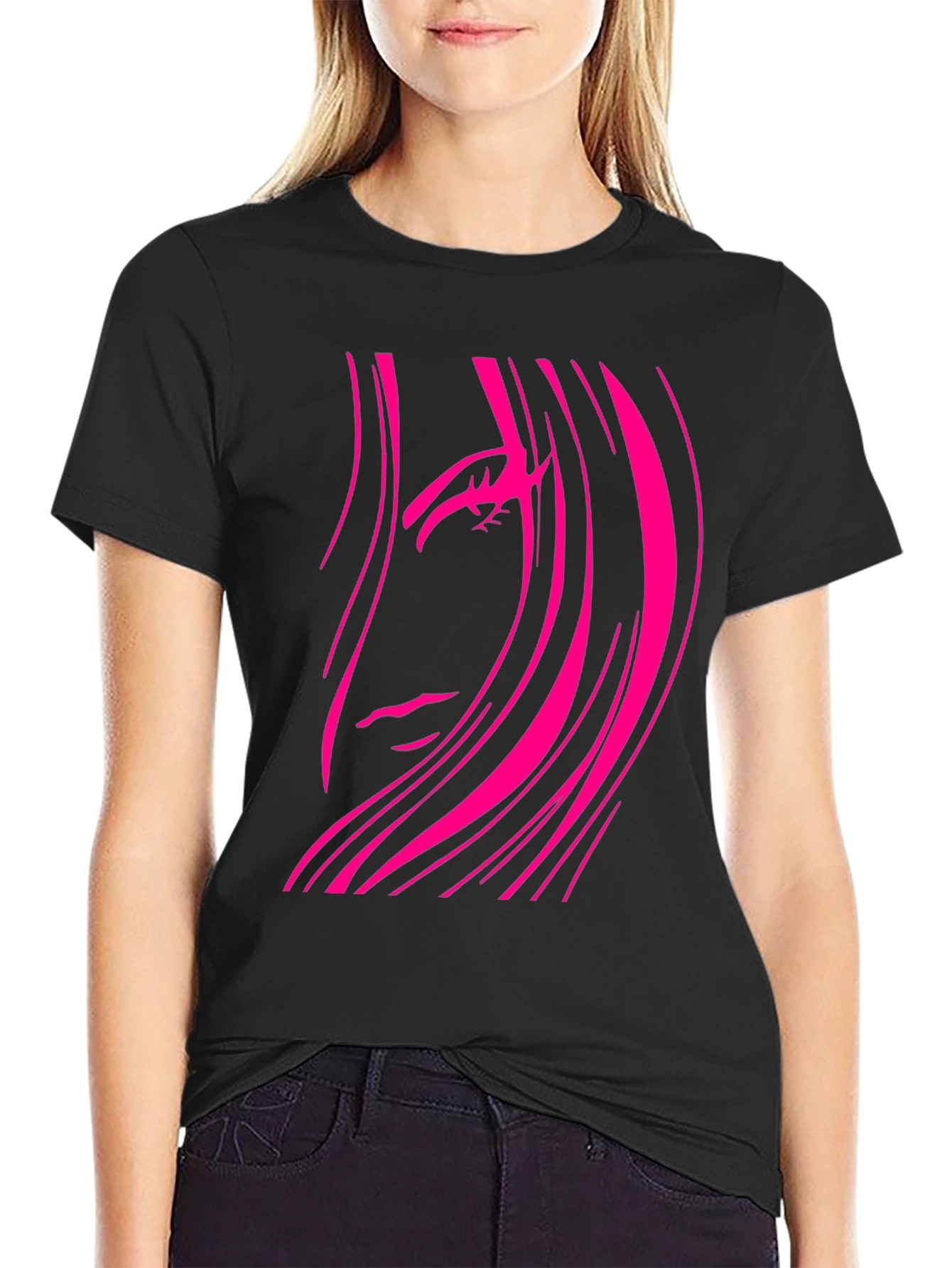 Black T-Shirt with Abstract Pink Haired Face