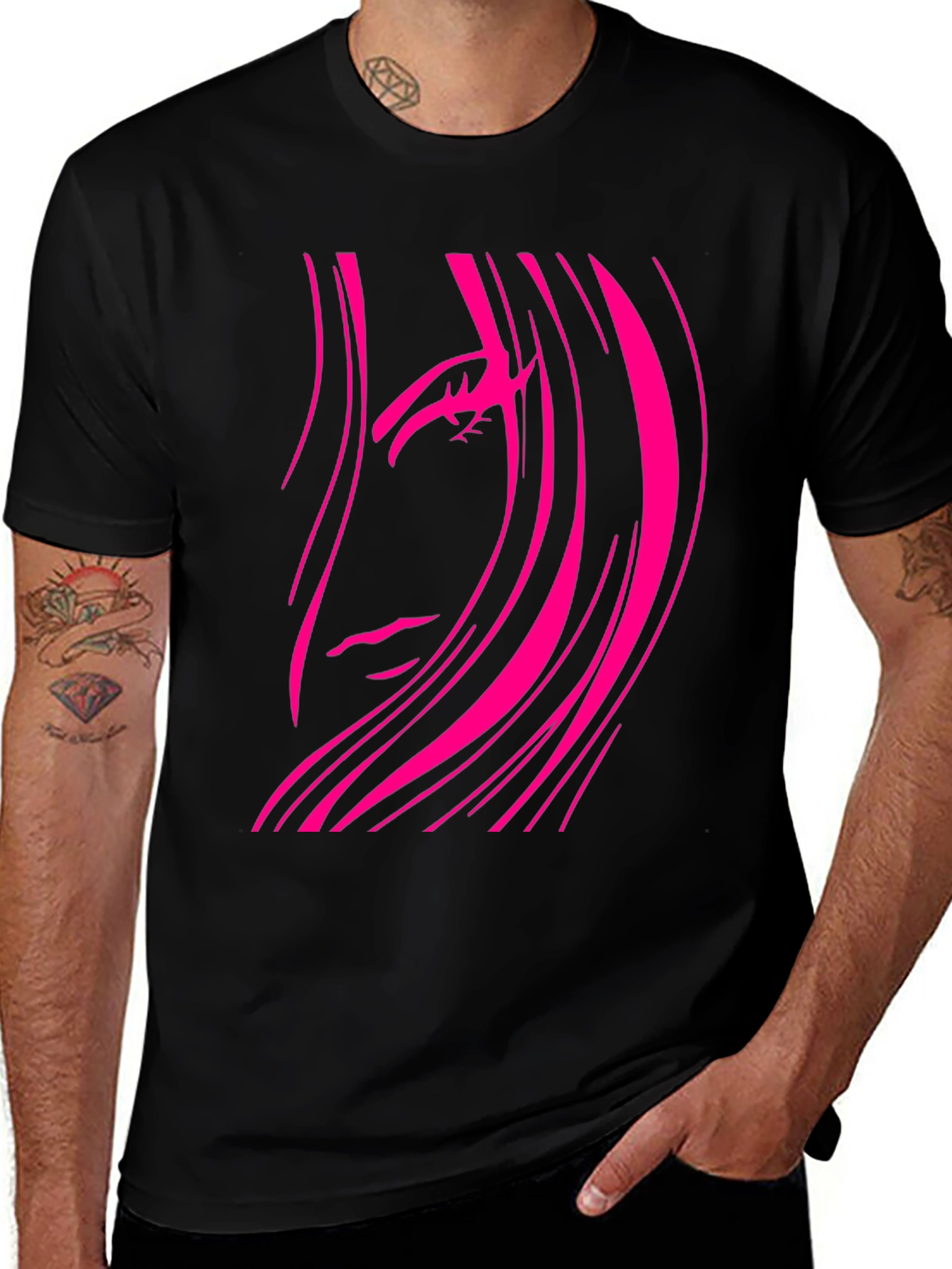 Black T-Shirt with Abstract Pink Haired Face