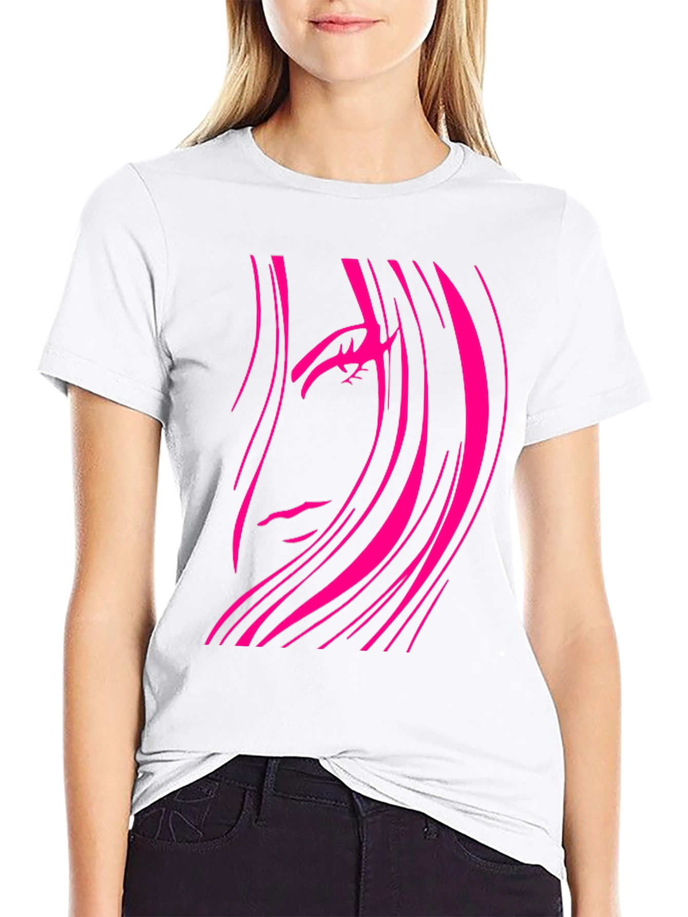Black T-Shirt with Abstract Pink Haired Face