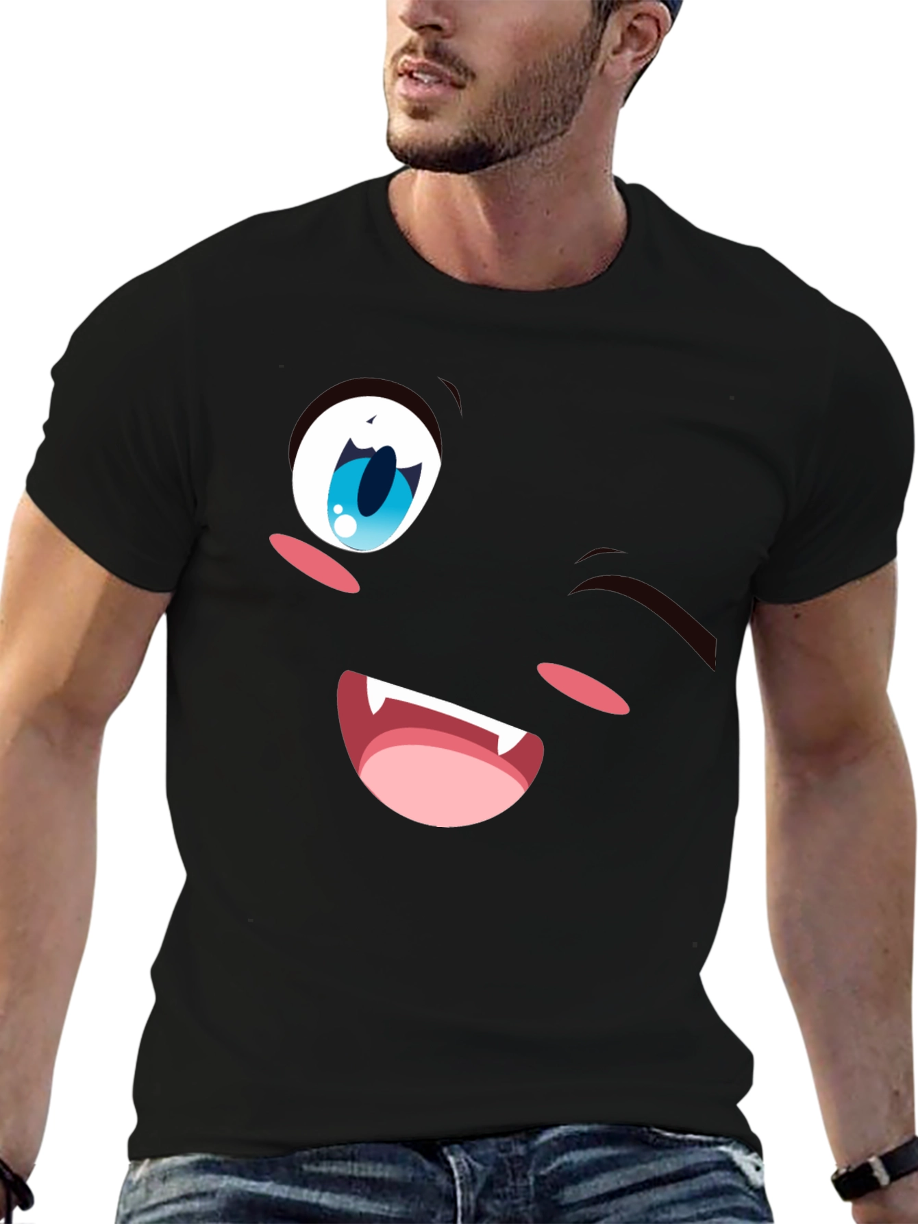 Winking Anime Face Black T-Shirt
