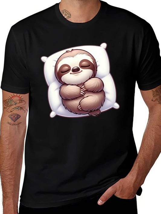 Cute Sloth Sleeping on Pillow Black T-Shirt