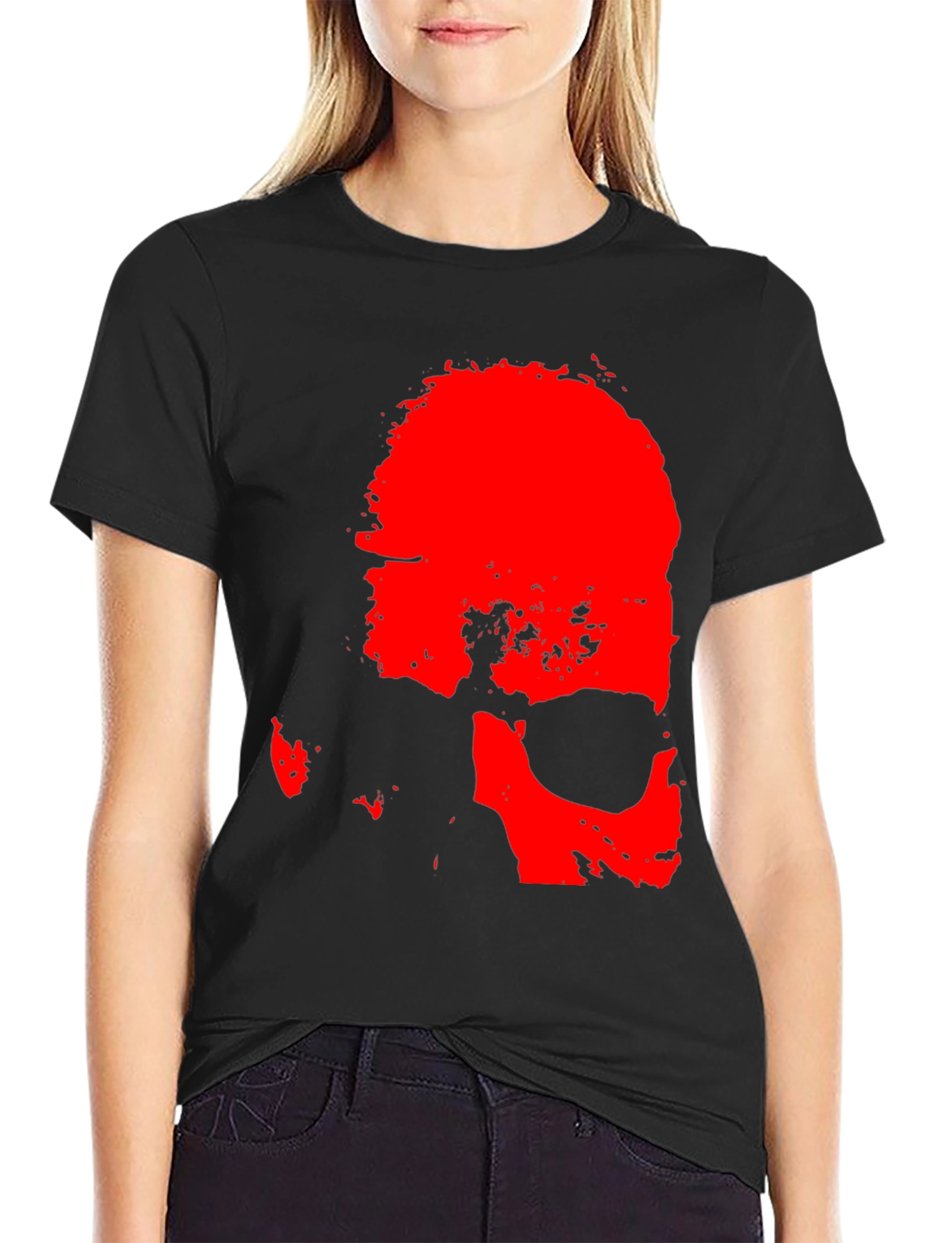 Bold Red Skull Graphic Print Black T-Shirt