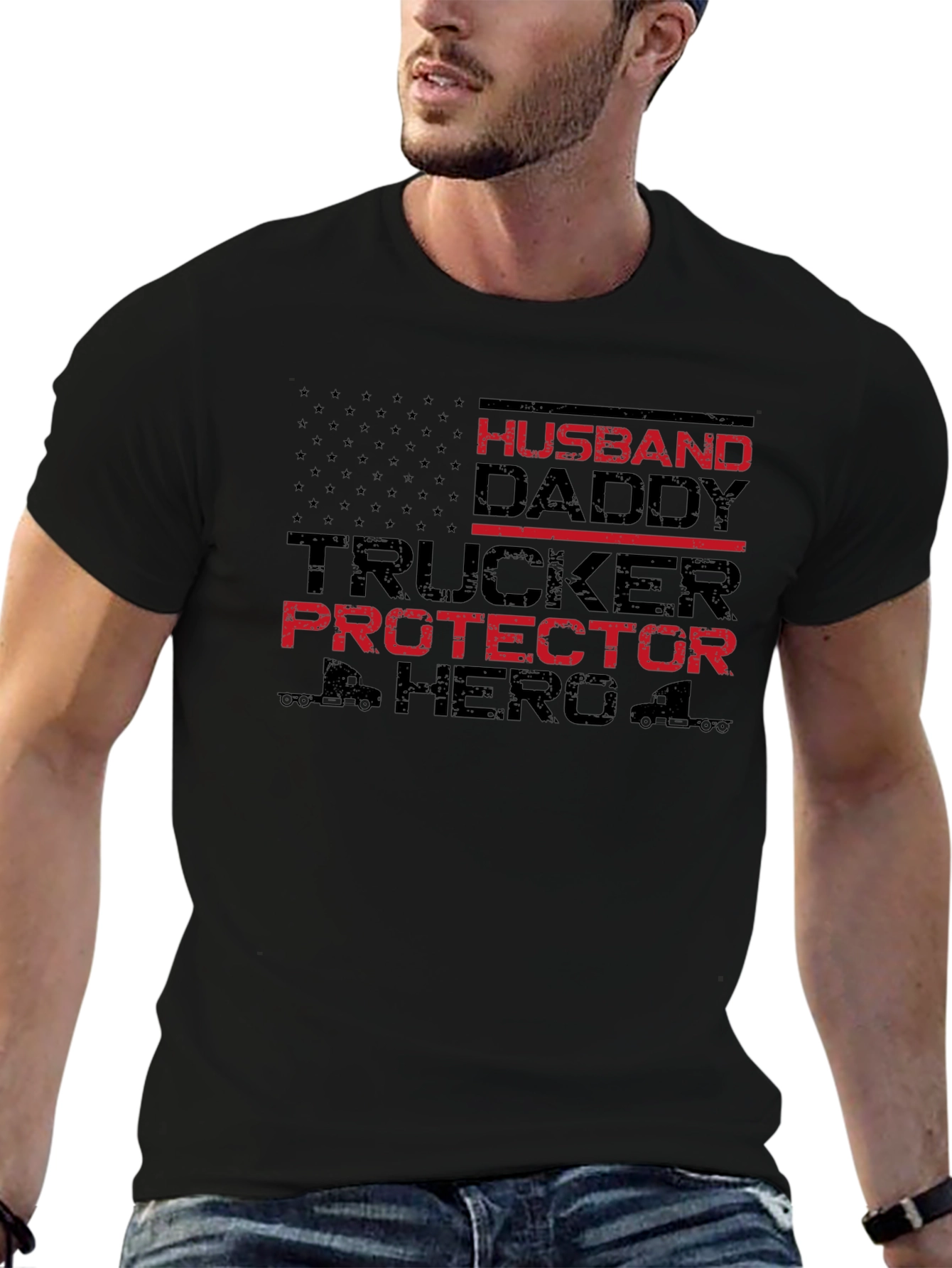 Husband Daddy Trucker Hero Black T-Shirt