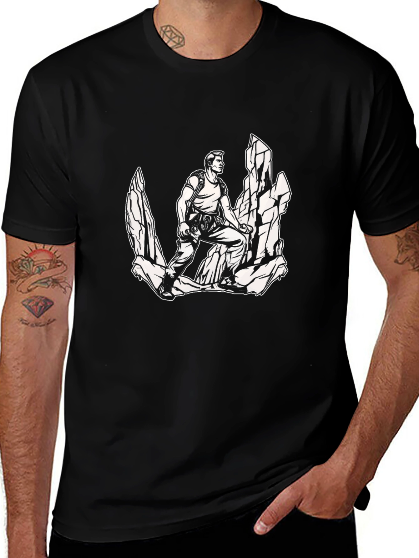 Rock Climbing Adventure Graphic Tee - Black Cotton Shirt