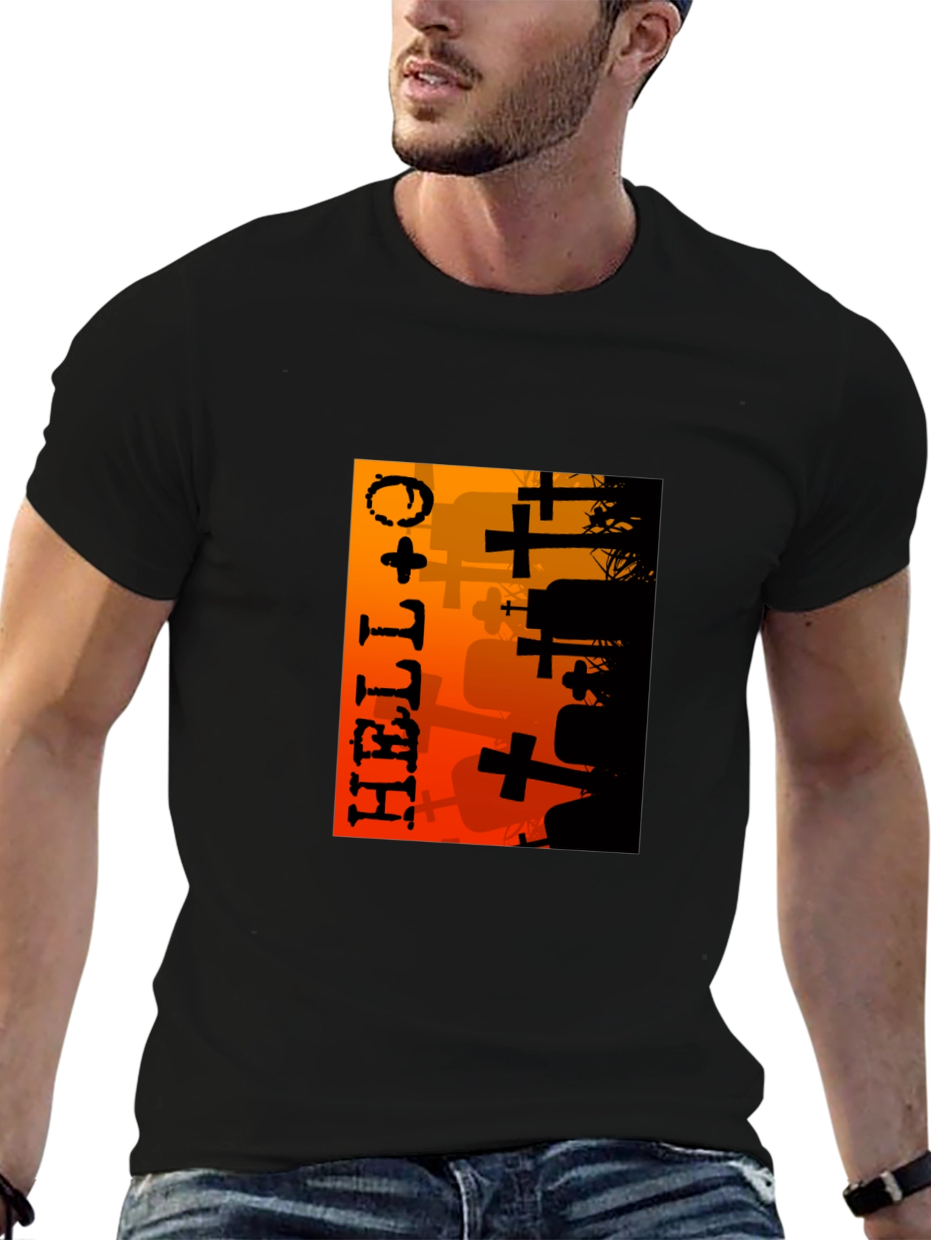Halloween Graveyard Graphic T-Shirt - Black