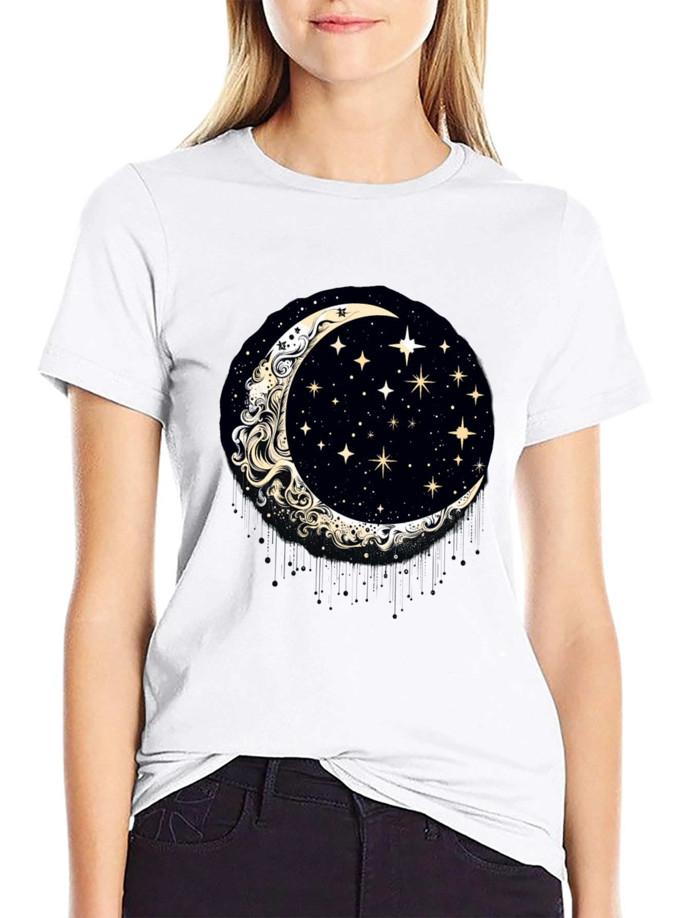 Celestial Crescent Moon & Stars Graphic T-Shirt