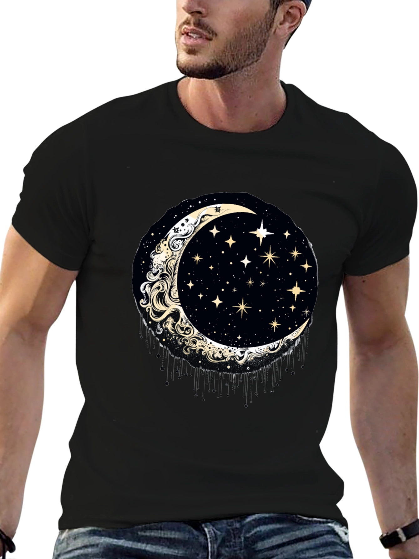Celestial Crescent Moon & Stars Graphic T-Shirt
