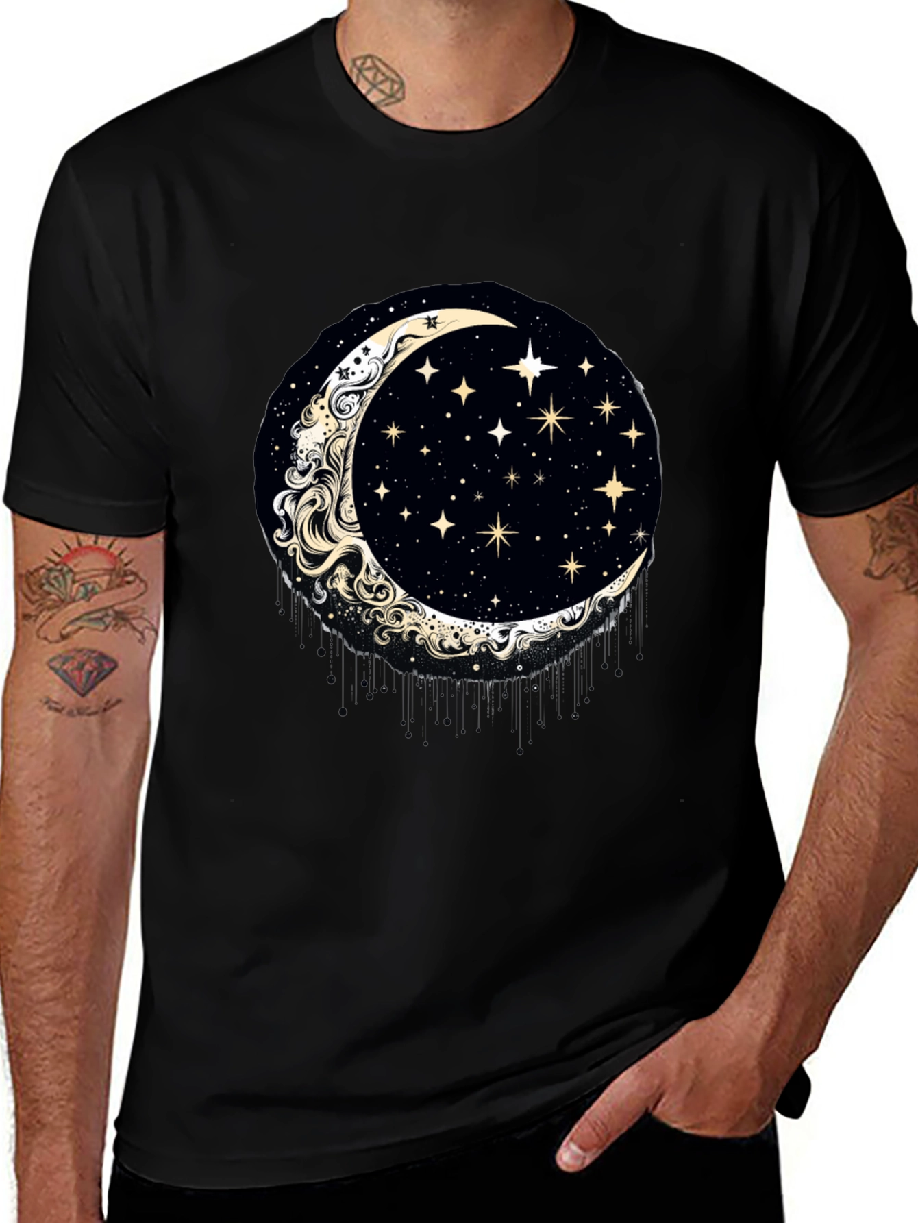 Celestial Crescent Moon & Stars Graphic T-Shirt