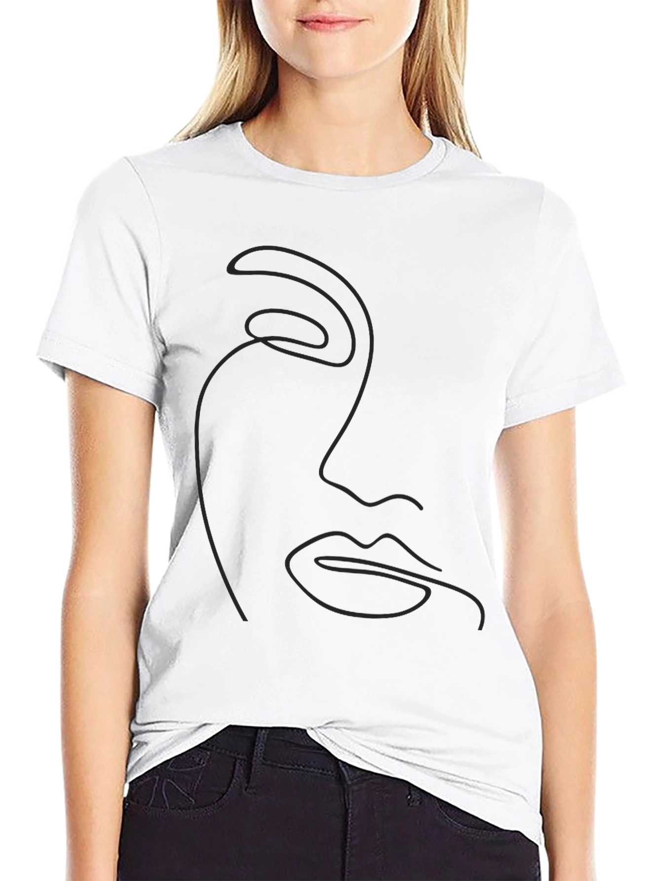 Minimalist Face Line Art Graphic Black T-Shirt