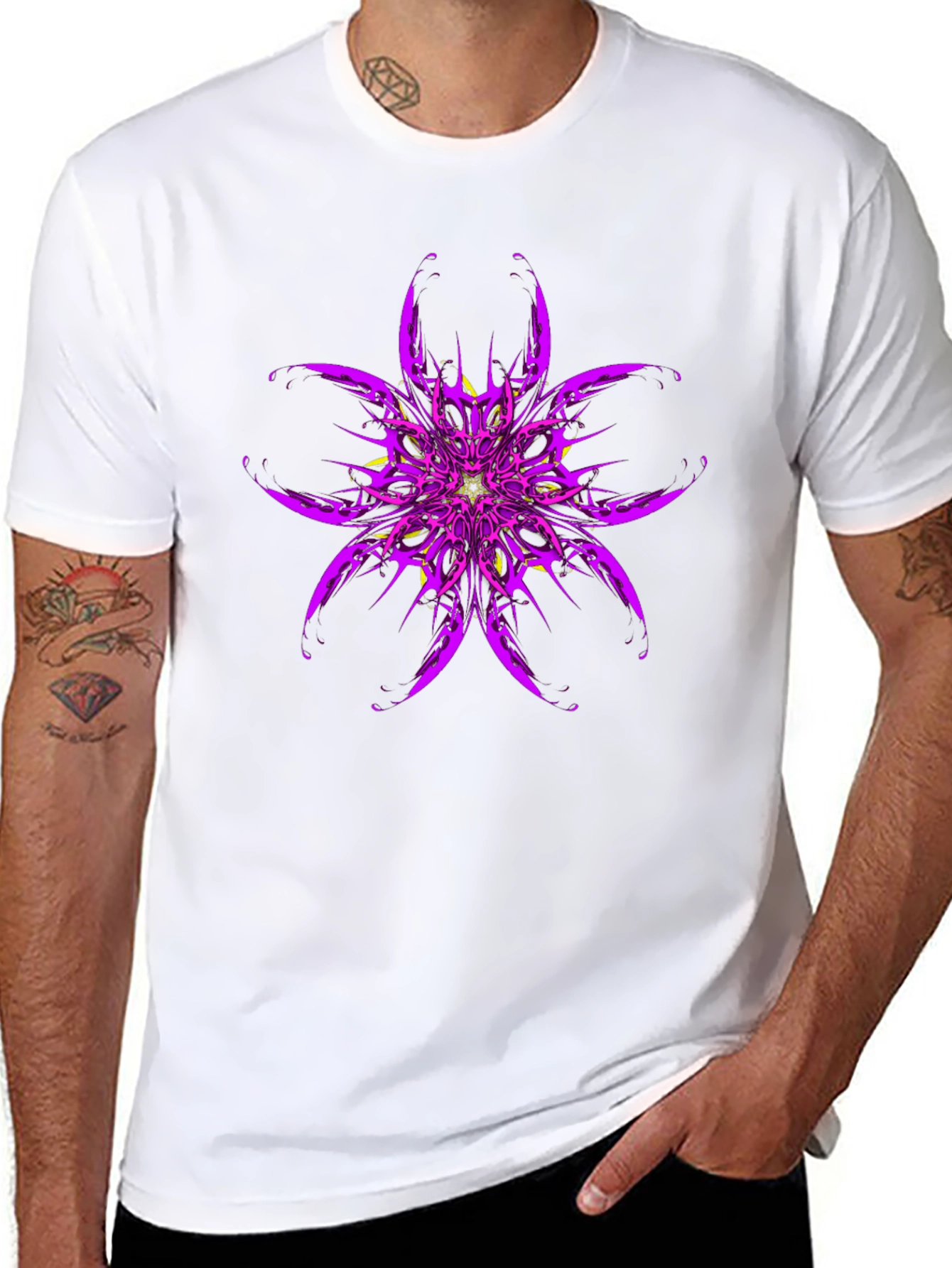 Purple Flower Graphic Print Black T-Shirt