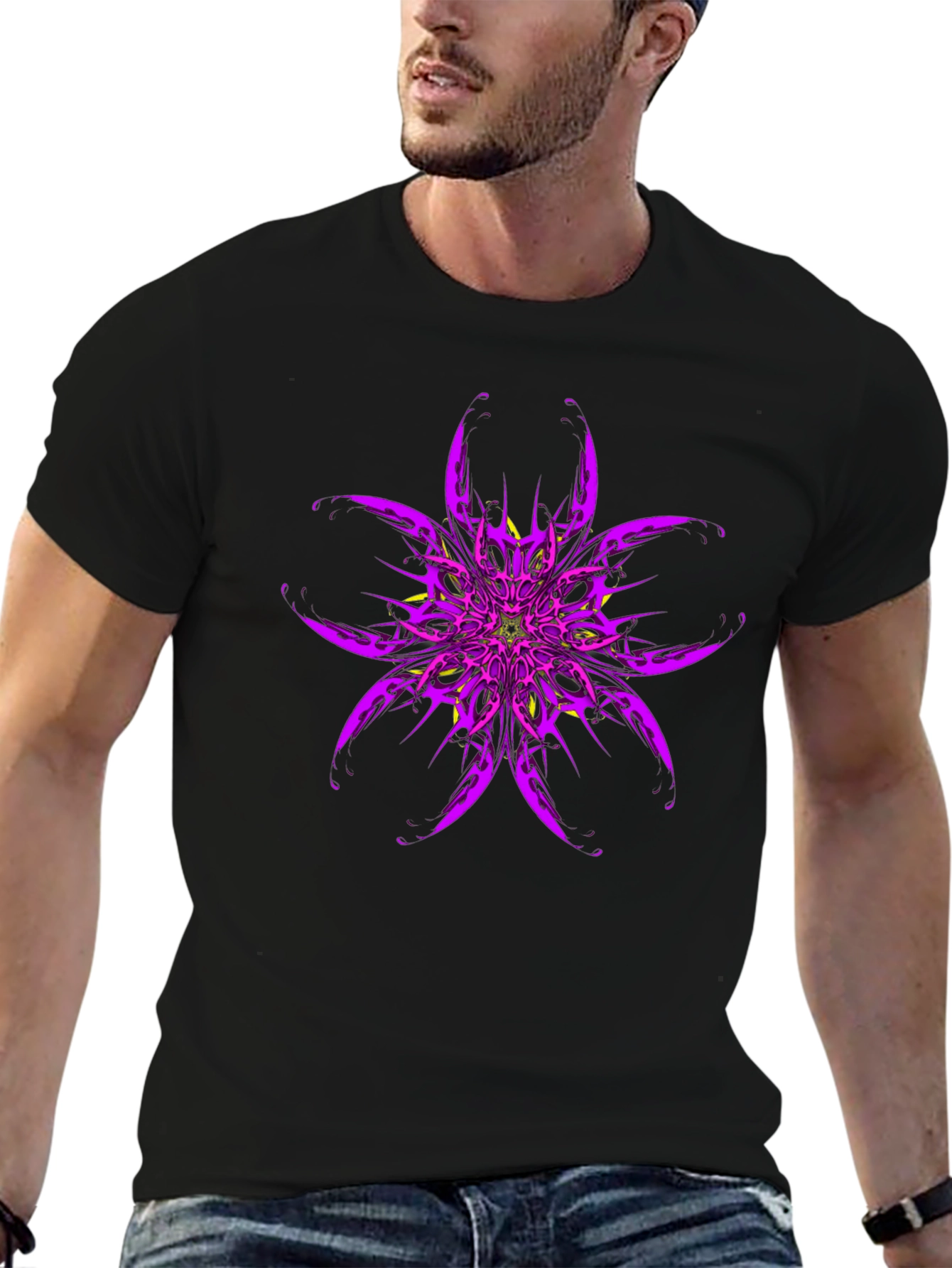 Purple Flower Graphic Print Black T-Shirt
