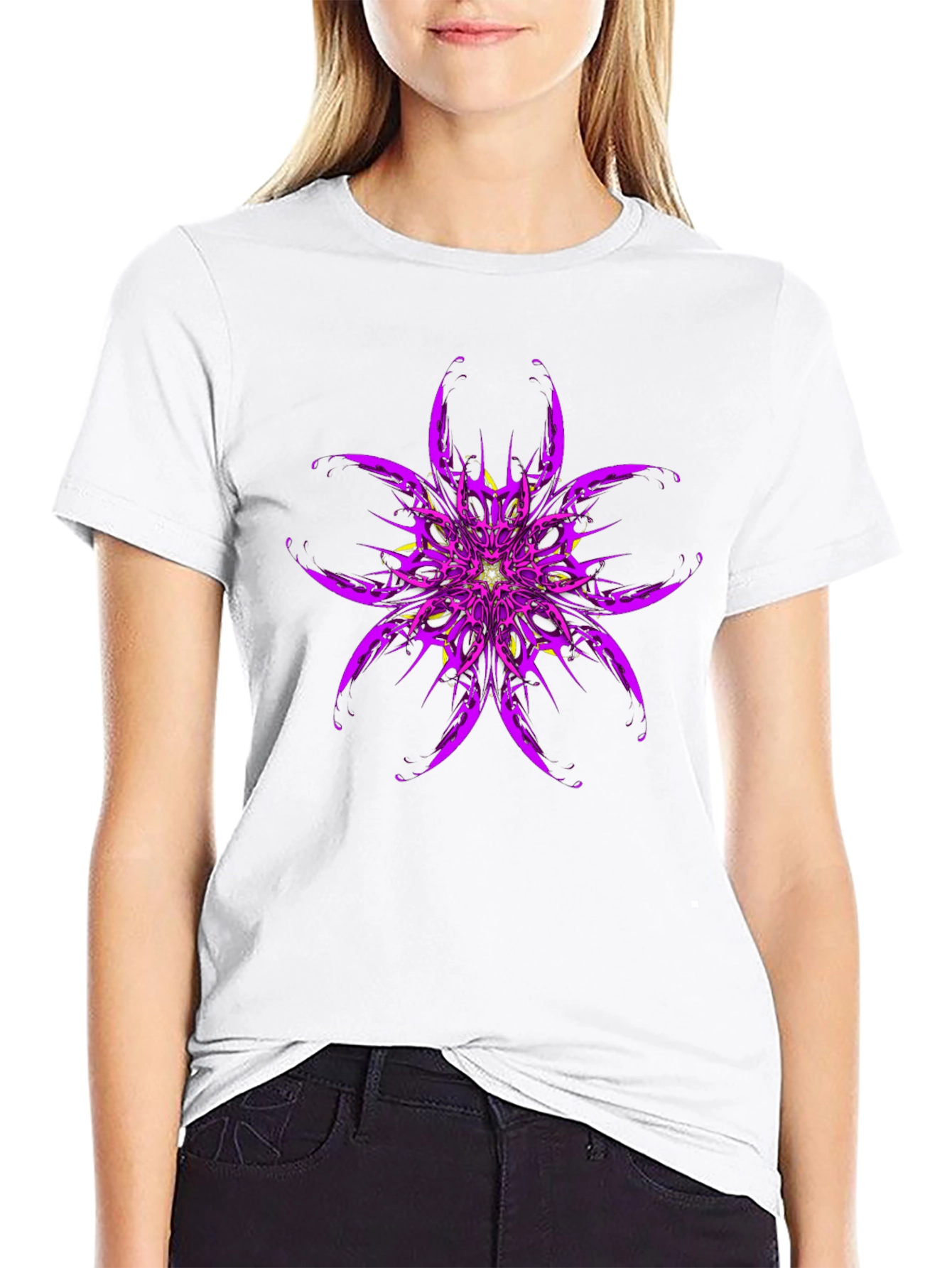 Purple Flower Graphic Print Black T-Shirt