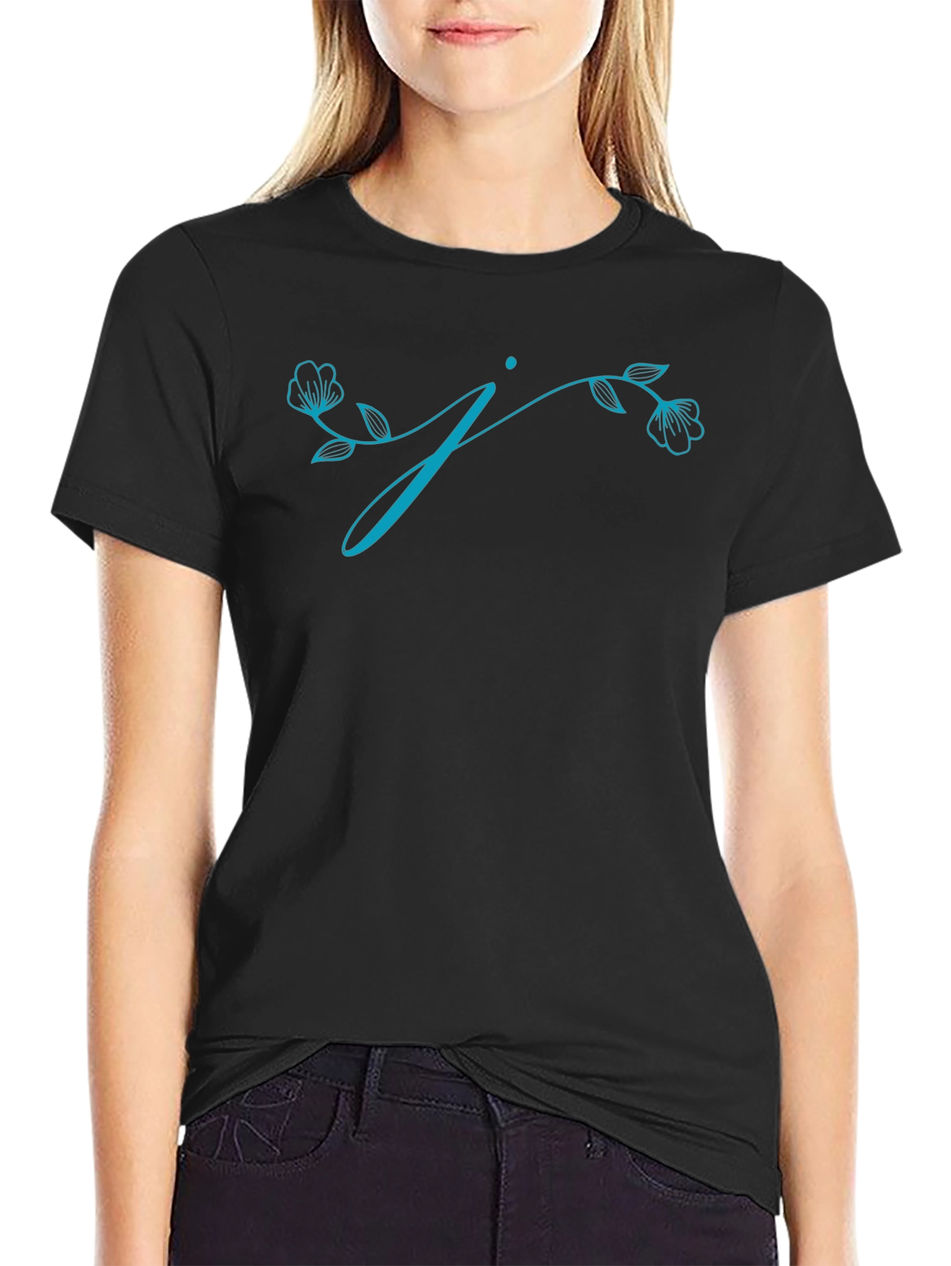 Floral Letter J Black T-Shirt