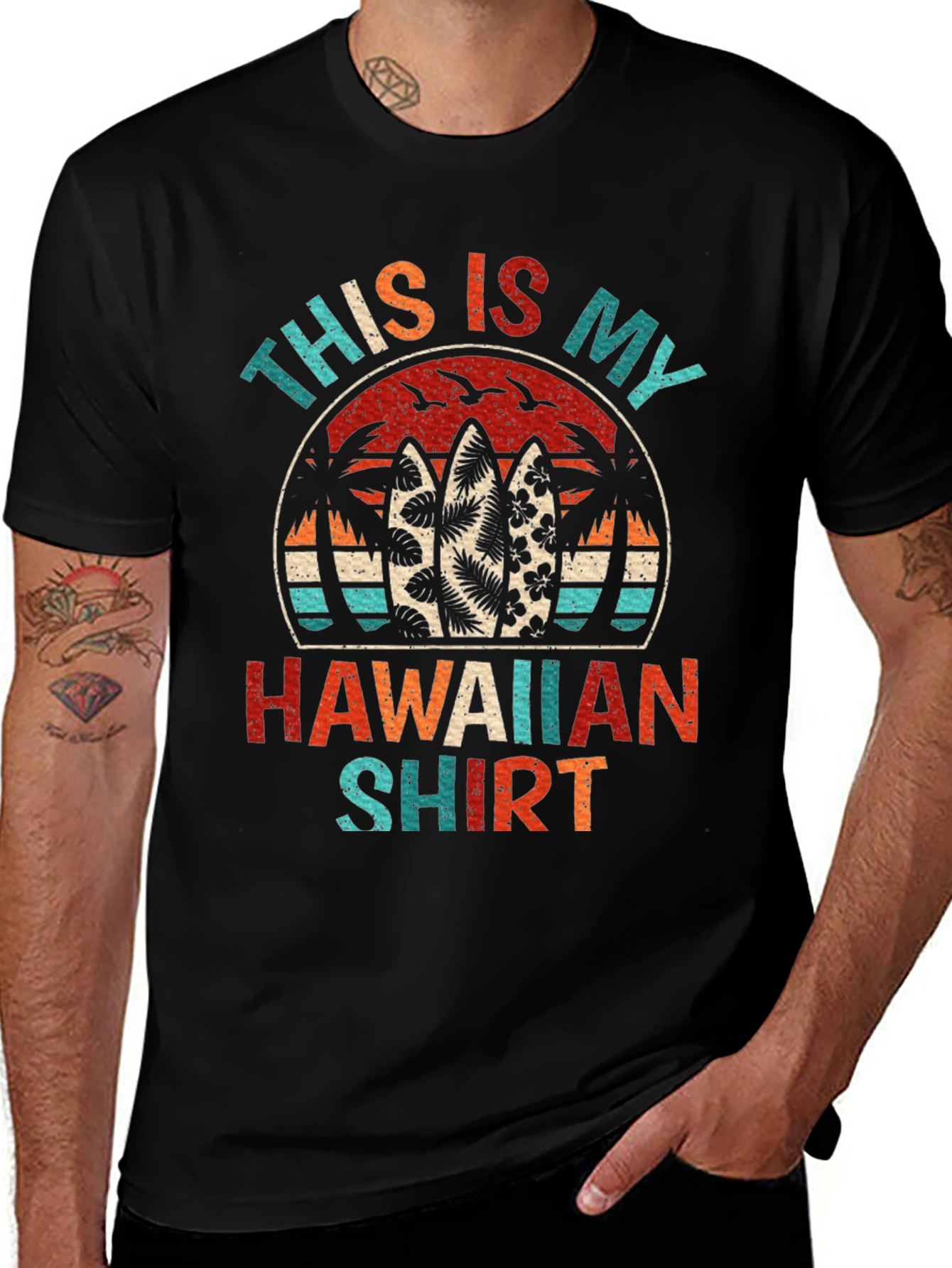 Retro Hawaiian Shirt - Palm Tree Surfboard Design