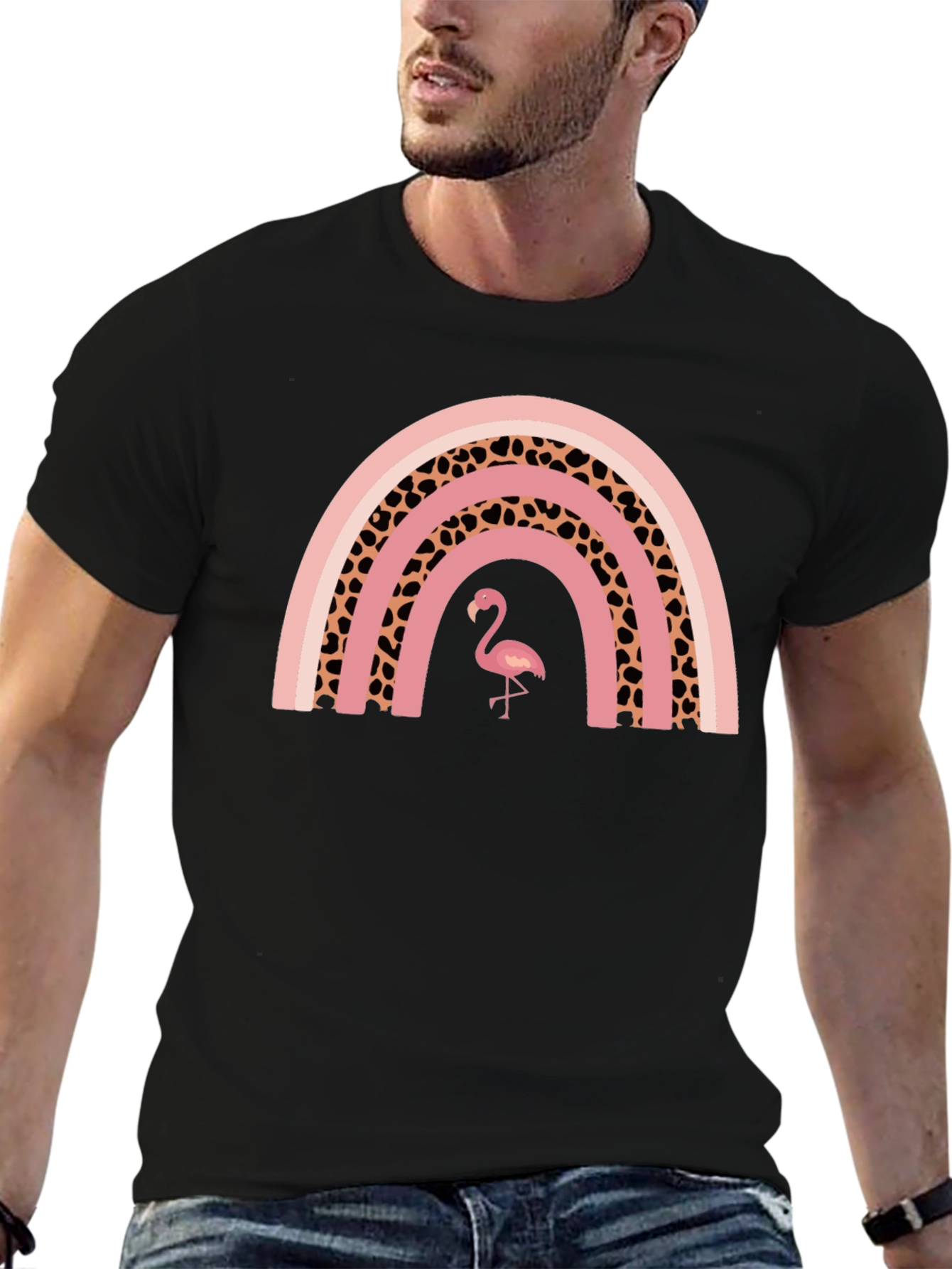 Pink Flamingo Rainbow Graphic T-Shirt - Stylish Black Tee