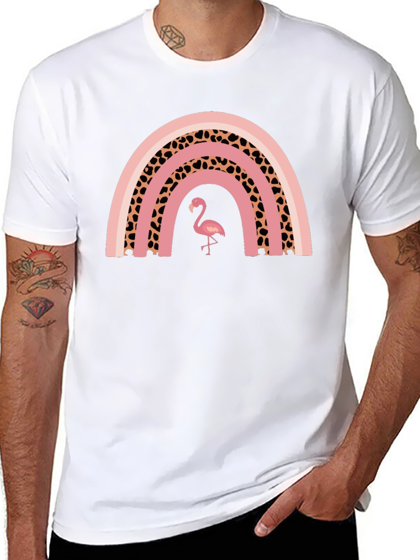 Pink Flamingo Rainbow Graphic T-Shirt - Stylish Black Tee