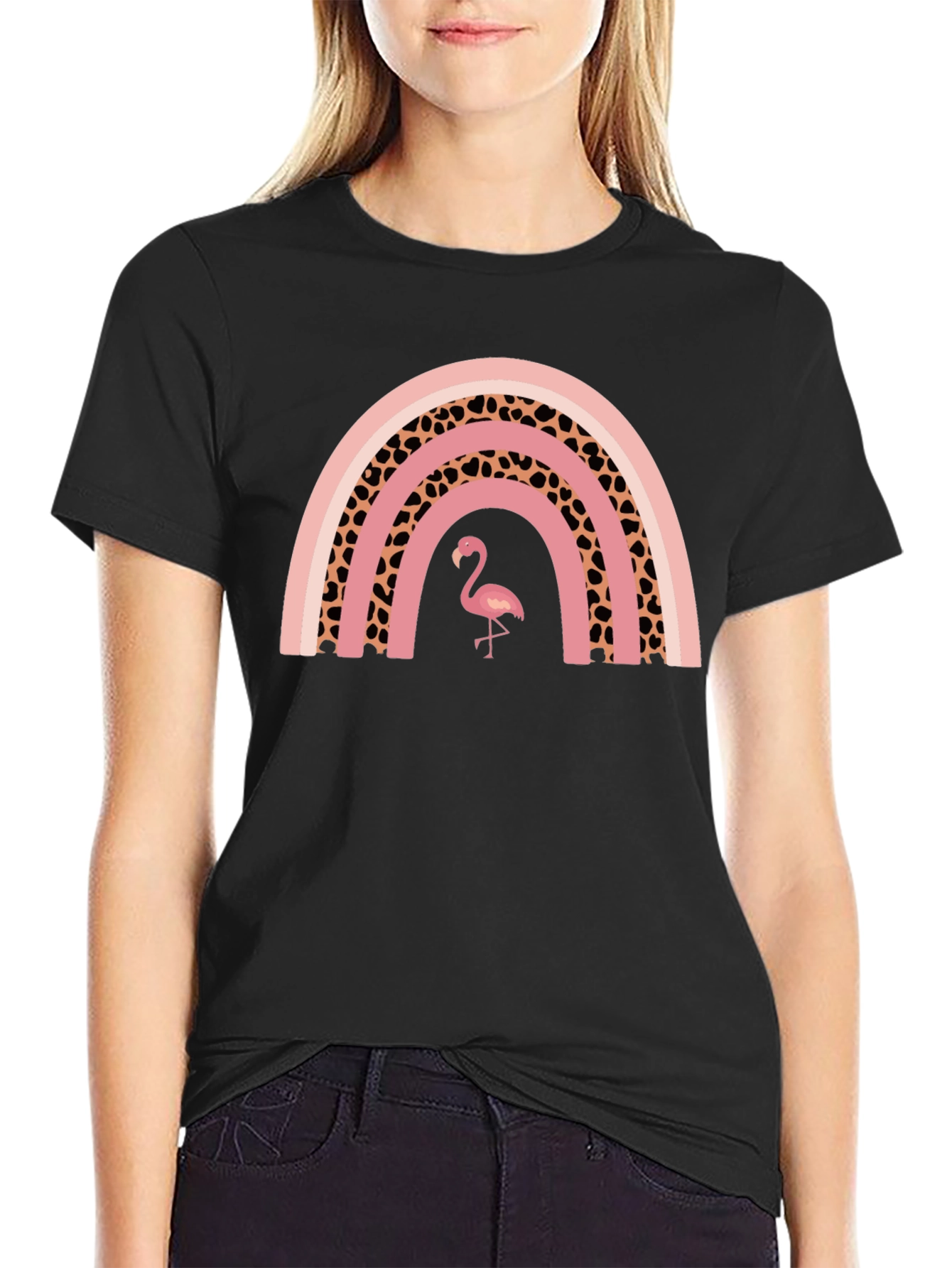 Pink Flamingo Rainbow Graphic T-Shirt - Stylish Black Tee