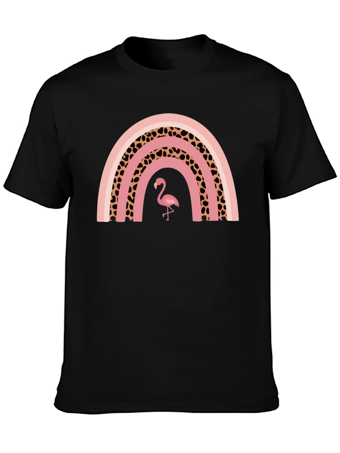 Pink Flamingo Rainbow Graphic T-Shirt - Stylish Black Tee