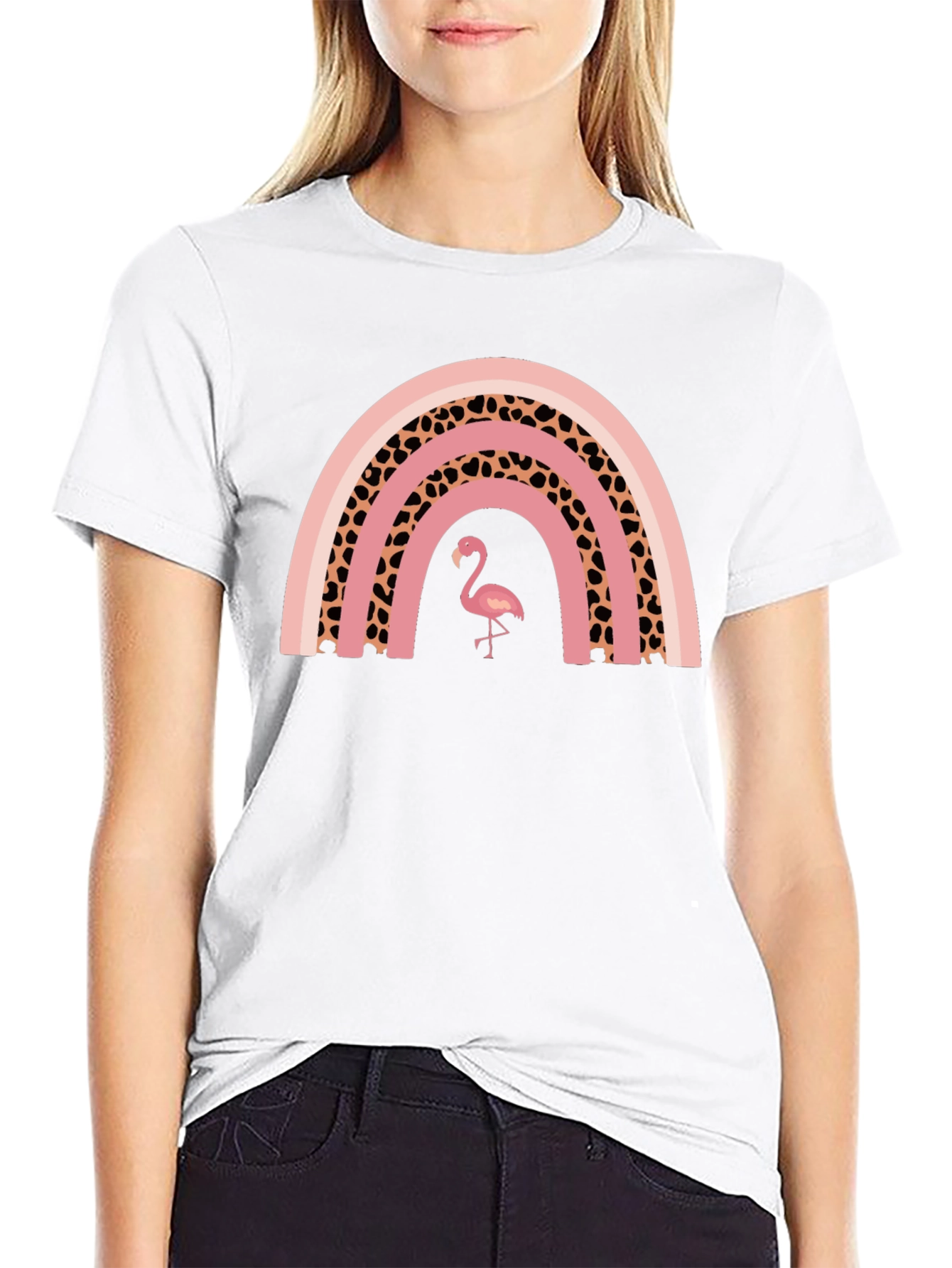 Pink Flamingo Rainbow Graphic T-Shirt - Stylish Black Tee