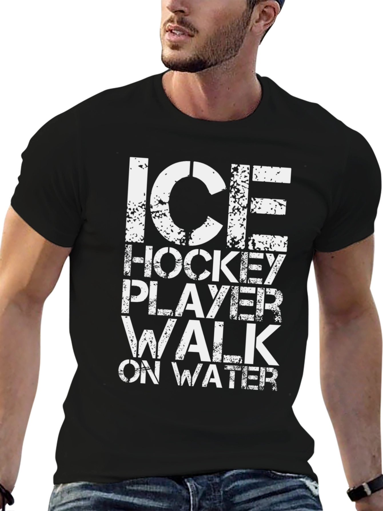 Ice Hockey Player Walk on Water Black T-Shirt