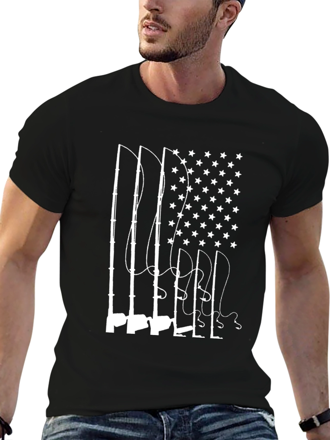 Fishing Rod American Flag Graphic Tee - Black