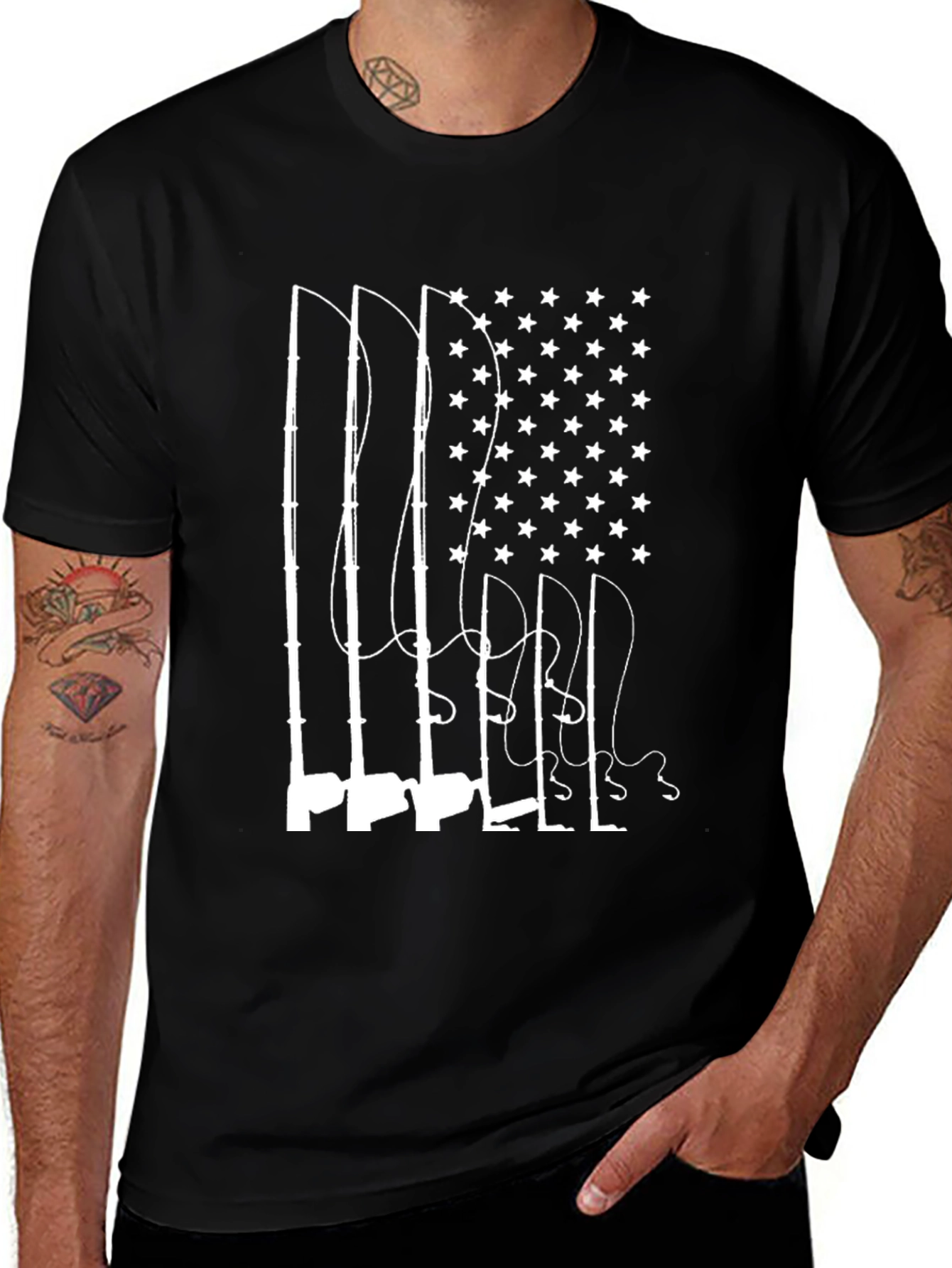 Fishing Rod American Flag Graphic Tee - Black