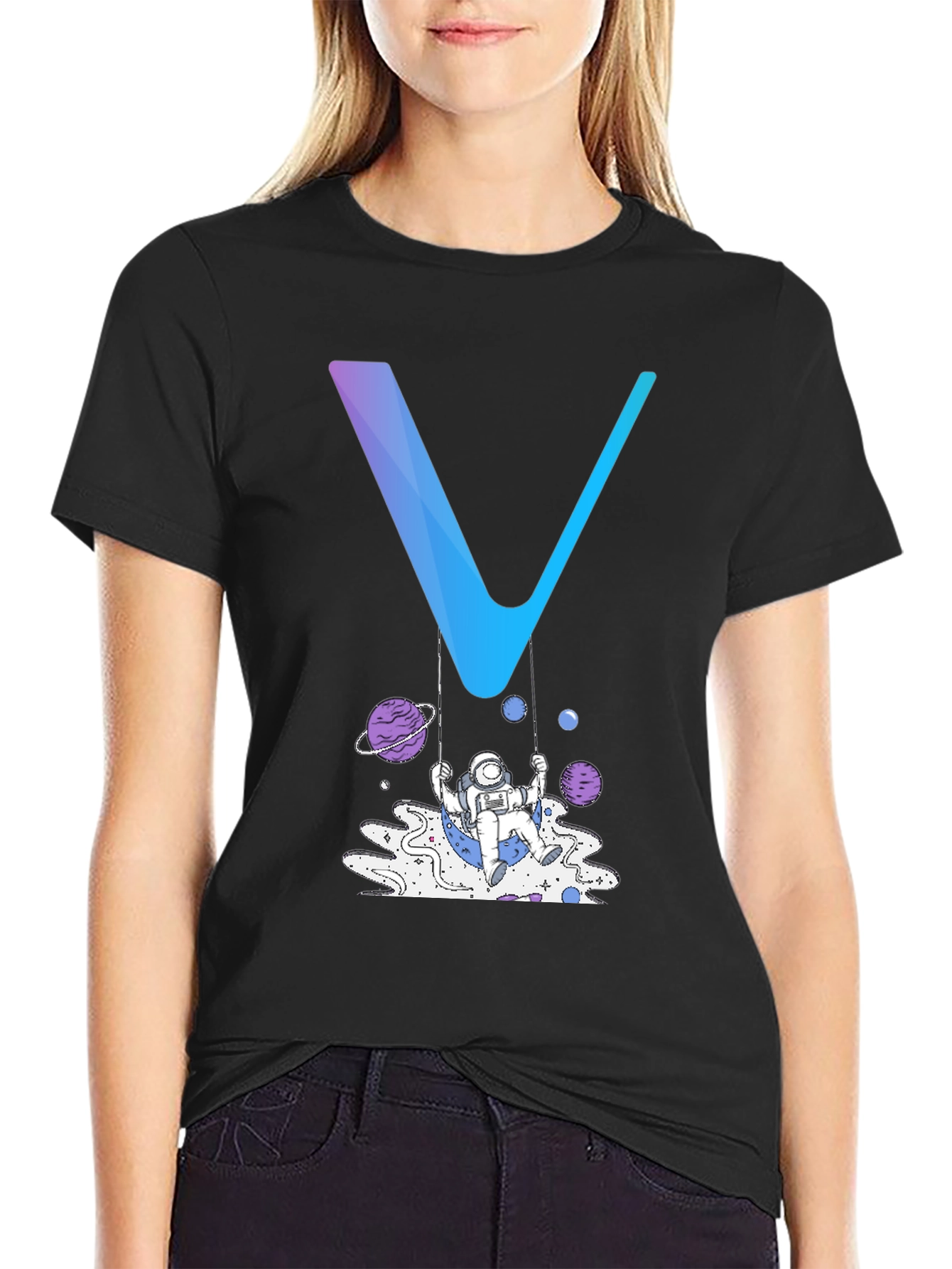 Astronaut Swing Graphic Tee - Black Cotton Blend Shirt