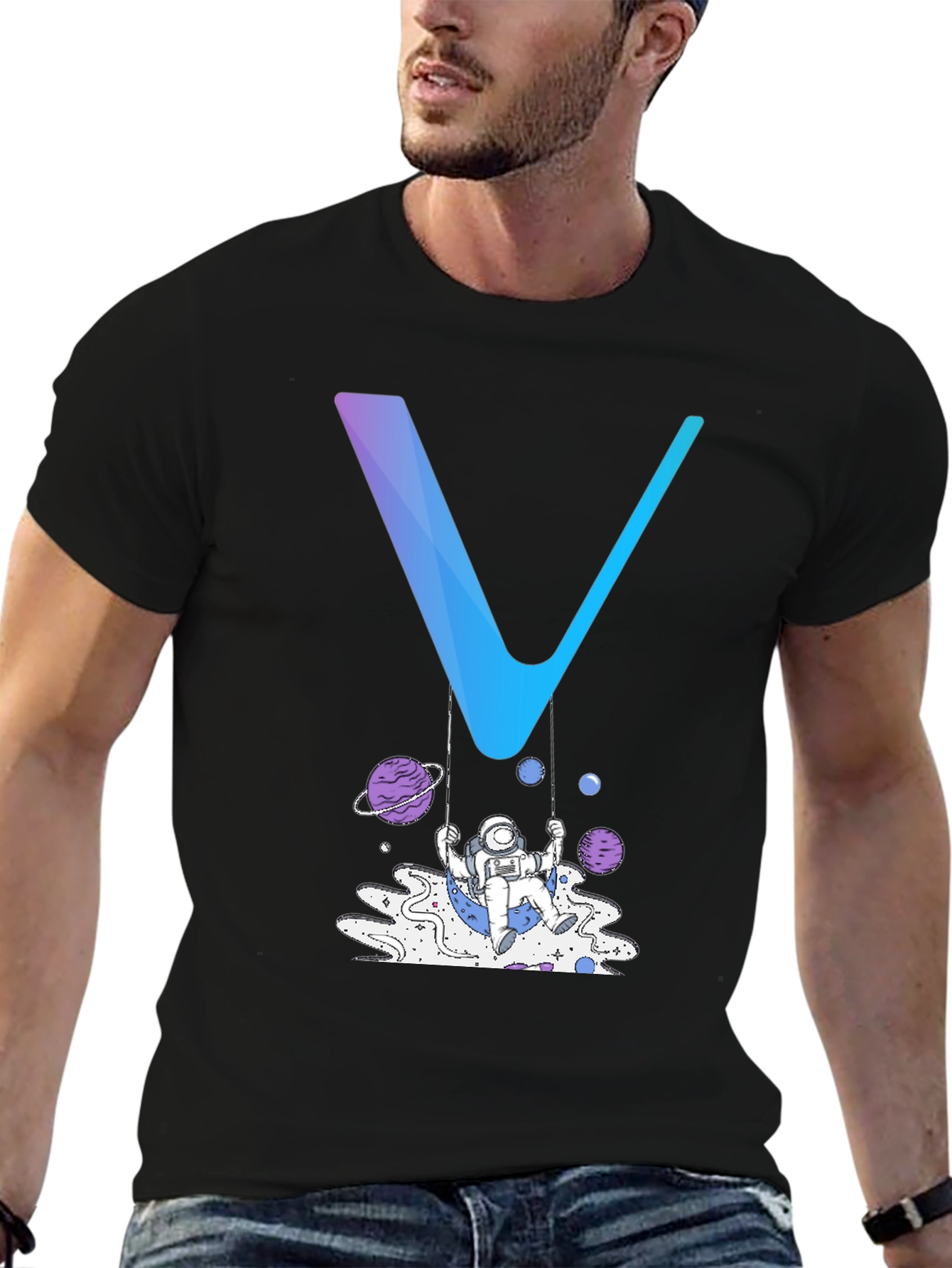 Astronaut Swing Graphic Tee - Black Cotton Blend Shirt