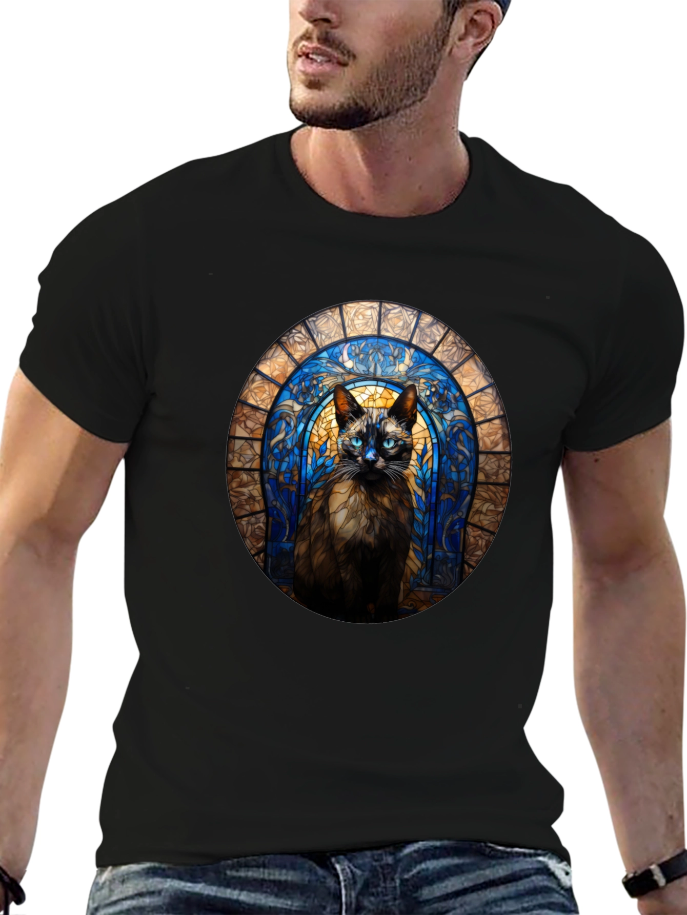 Stained Glass Cat T-Shirt - Unique Art Tee