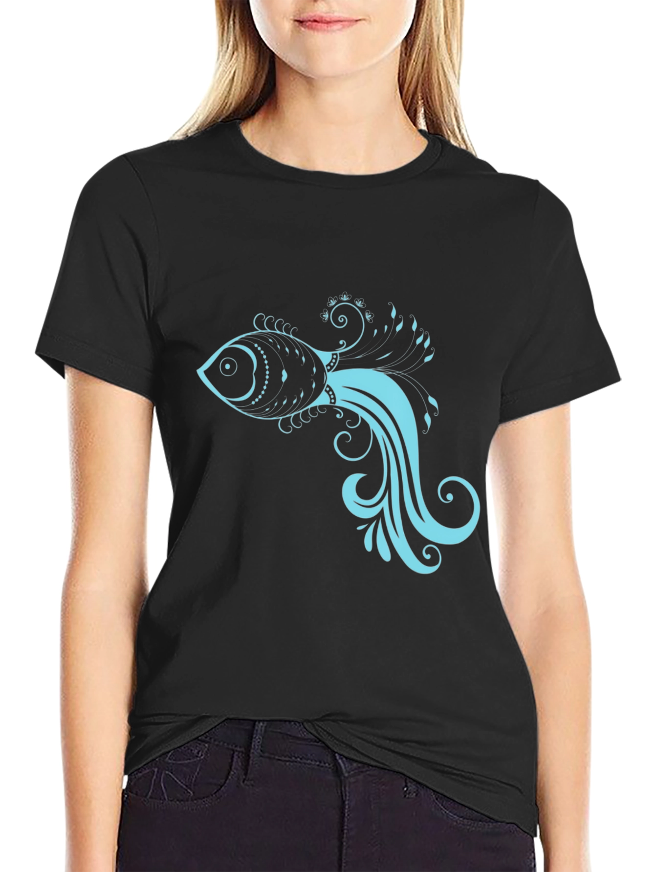 Black T-Shirt with Stylish Teal Fish Design